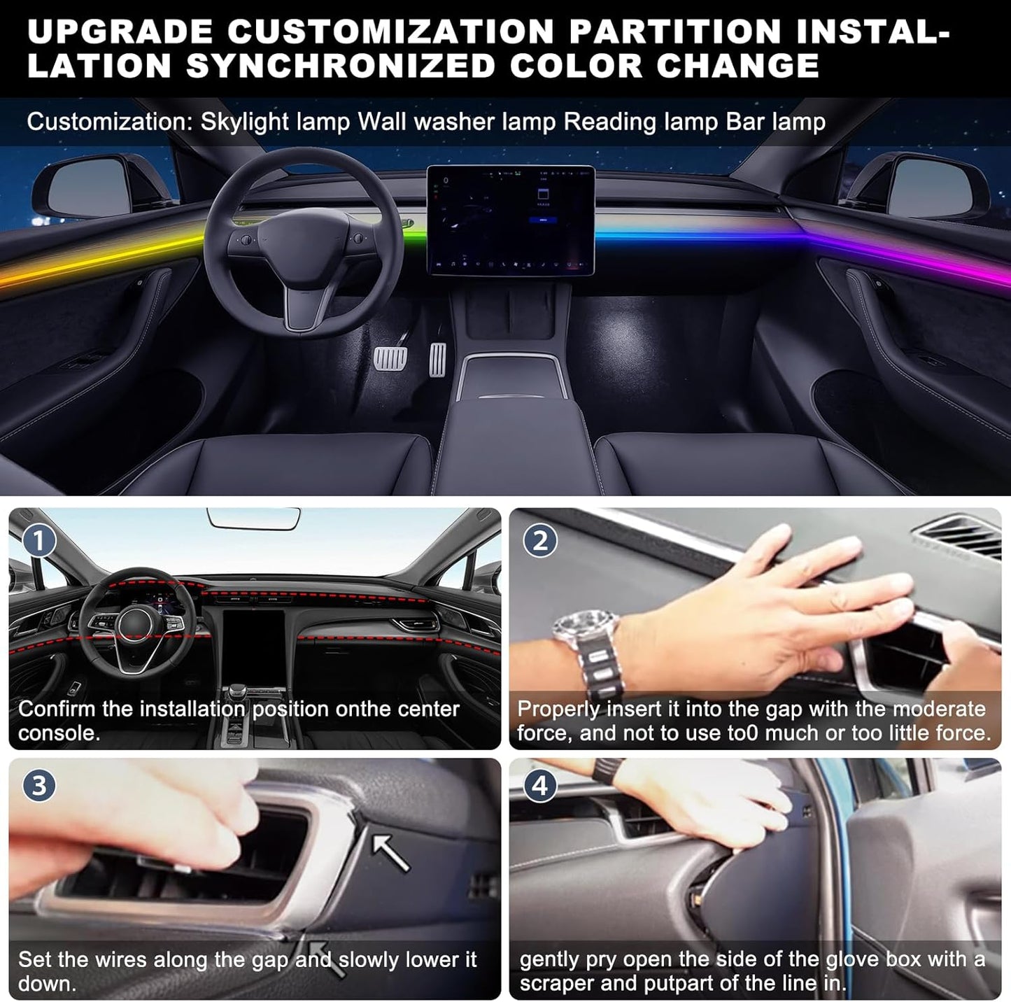 Dreamcolor Acrylic Interior Car LED Strip Light with USB Hub, 55.1 inches Fiber Optic Ambient Lighting Kits, RGB+IC Colors Sound Active Function Neon LED Strip
