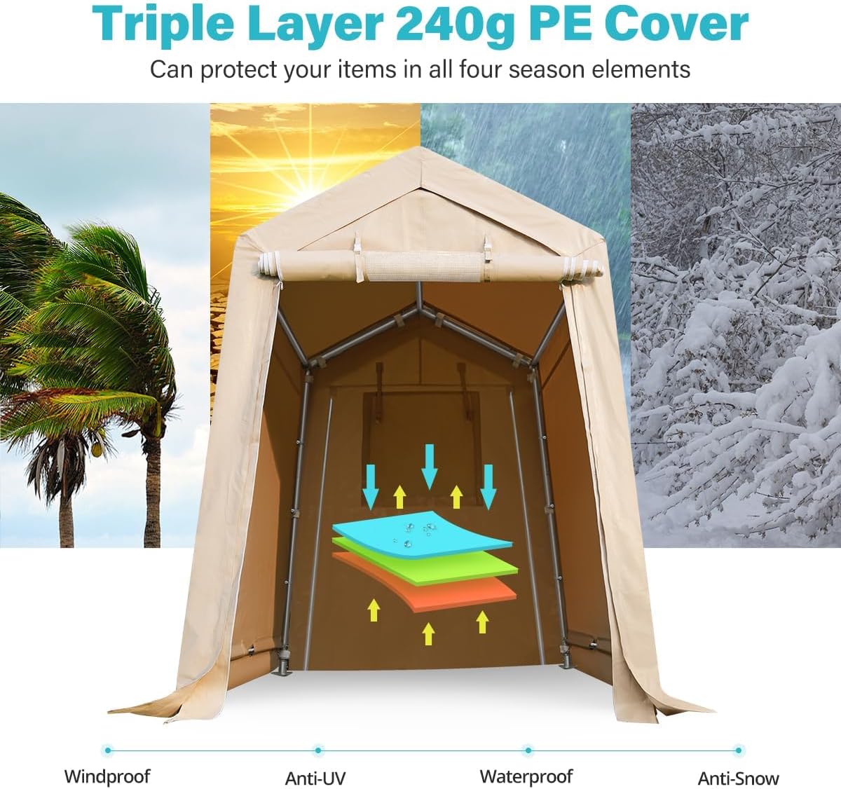 ADVANCE OUTDOOR 6x8 ft Outdoor Portable Storage Shelter Shed with 2 Roll up Zipper Doors & Vents Carport for Motorcycle Waterproof and UV Resistant Portable Garage Kit Tent, Beige