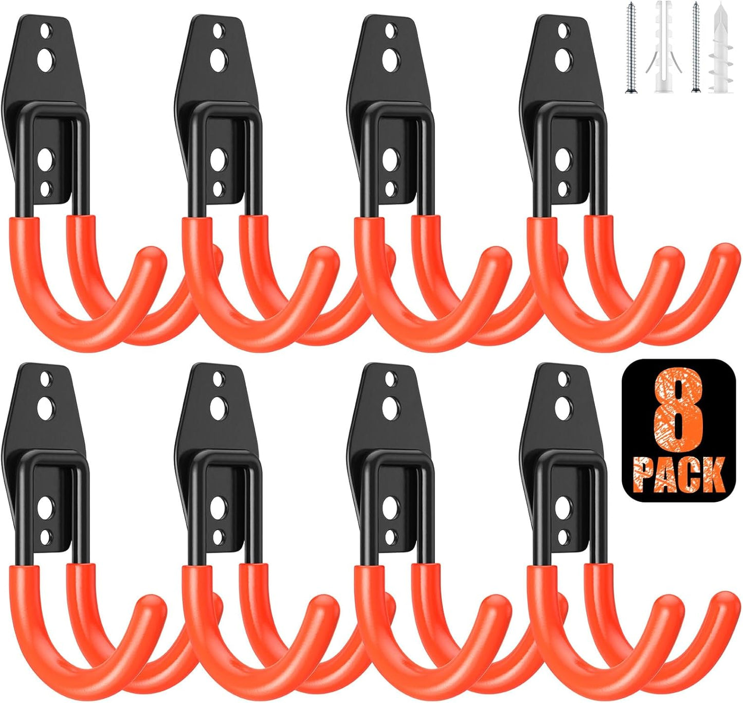 8 Pack 4.7x2.6 inch J Heavy Duty Garage Hooks,Solid Steel Wall Mount Hangers,with Anti-Slip Coating,for Hanging and Organising Ladder,Bike,Ropes,Broom,Garden,Yard and Power Tools