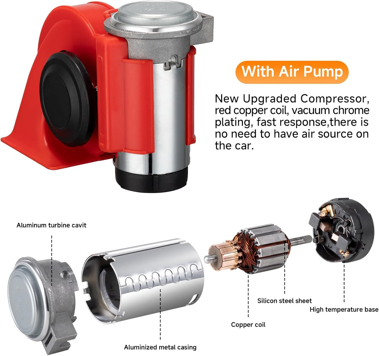 Train Horns kit for trucks,Air Horn for Motorcycle,Train Sound Car Horn Kit 12V Super Loud Electric Bull Horn(red horn with wire and button, 12v)