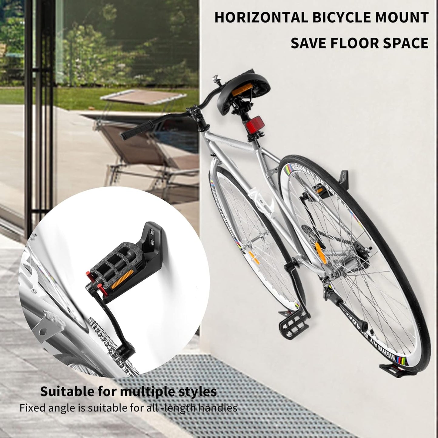 Bike Wall Mount, Horizontal Indoor Storage Bike Hook Rack for Garage or Home, Heavy Duty Bicycle Hold hooks for Road, Mountain or Hybrid Bikes.