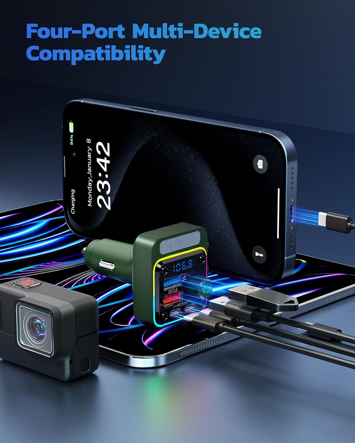 Nulaxy 54W Bluetooth 5.3 Car Adapter with 4 Charging Ports [PD 36W & QC3.0 18W], Wireless Radio FM Transmitter with Deep Bass Player & 5 Colors LED Backlit, Hands-Free Calling - Green