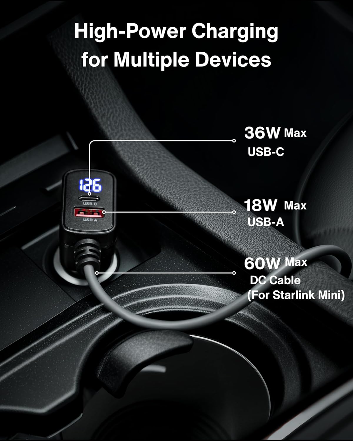 Car Charger Cable for Starlink Mini 16.5FT with Display - 12-24V Cigarette Lighter to DC Power Cable, 60W DC + 33W Dual USB-C/USB-A Adapter for Trucks, RVs & Boats, 18AWG Cord with Voltage Monitoring