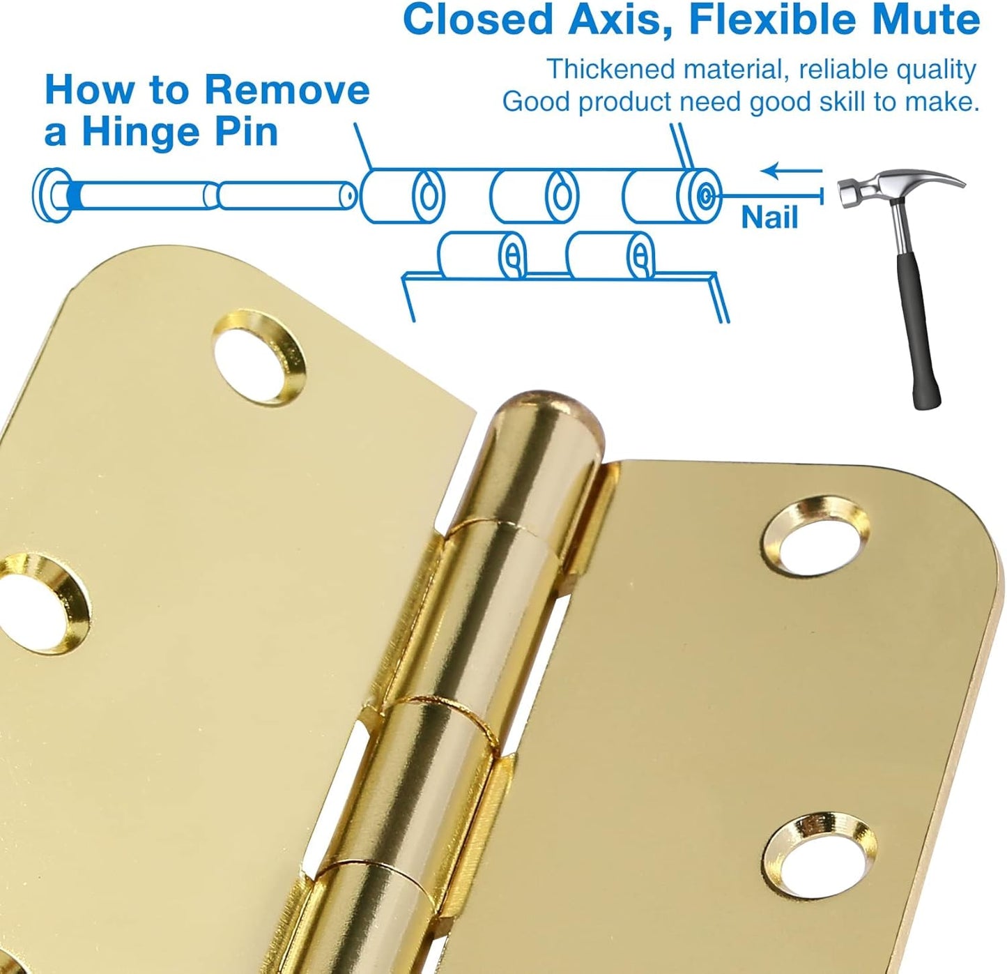 18 Pack Interior Door Hinges Polished Brass 3.5 inch X 3-1/2" 5/8 Radius,3 ½"Gold Round Standard Hinge for Single Doors DIY Assembly Bi-fold Table Hardware Kit House Accessories Home Eseentials