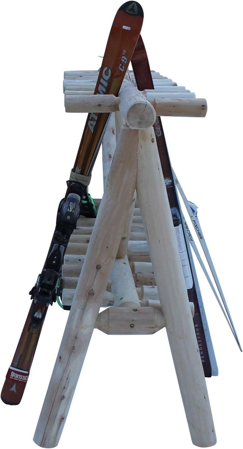 21-Place Freestanding Log Ski Rack Holder, Indoor & Outdoor Snowboard Racks, Standing Storage, Garage Racks for Snow Skis & Poles, Snowboard Rack Garage Storage Organizer - Natural + 15" Anchor Kit