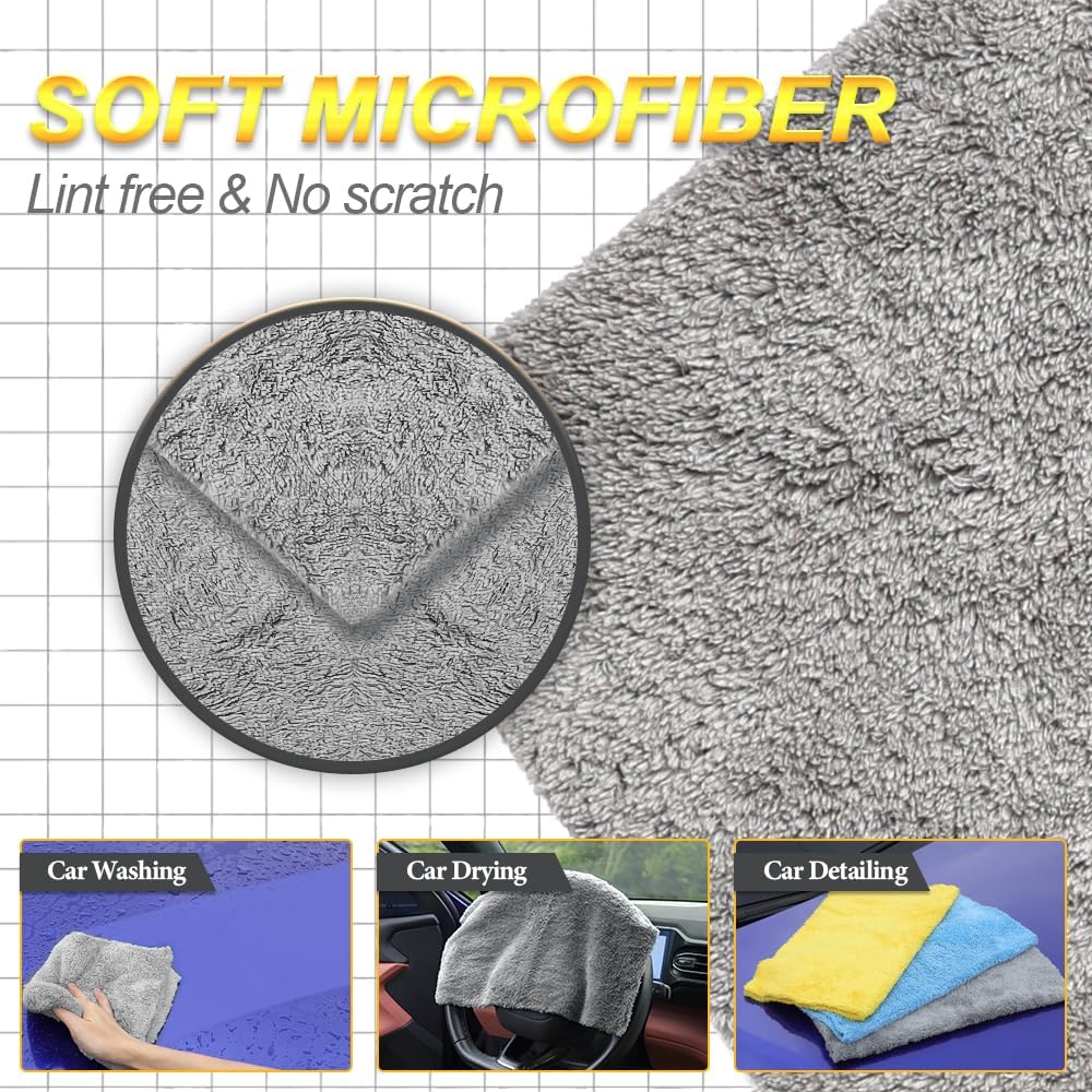 Drying Towels Car Detailing(Coral Fleece) Car Wash Cleaning Towel For Car Exterior and Interior ,Absorbent, Lint-Free, Extra Soft,Reusable and Durable,Microfiber Rags 16in x 16in-Grey 12 Packs