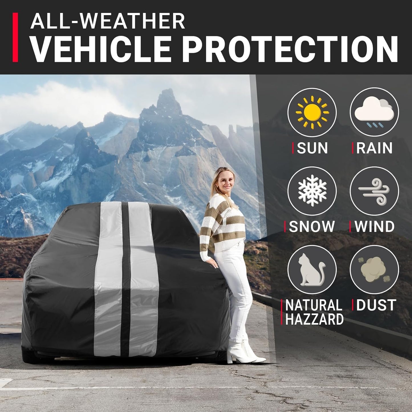 iCarCover Custom Car Cover for Pontiac Safari Wagon (1977-1989) Waterproof All-Weather Rain Snow UV Sun Protector Full Exterior Indoor Outdoor Car Cover (Stripe - Black/Gray)