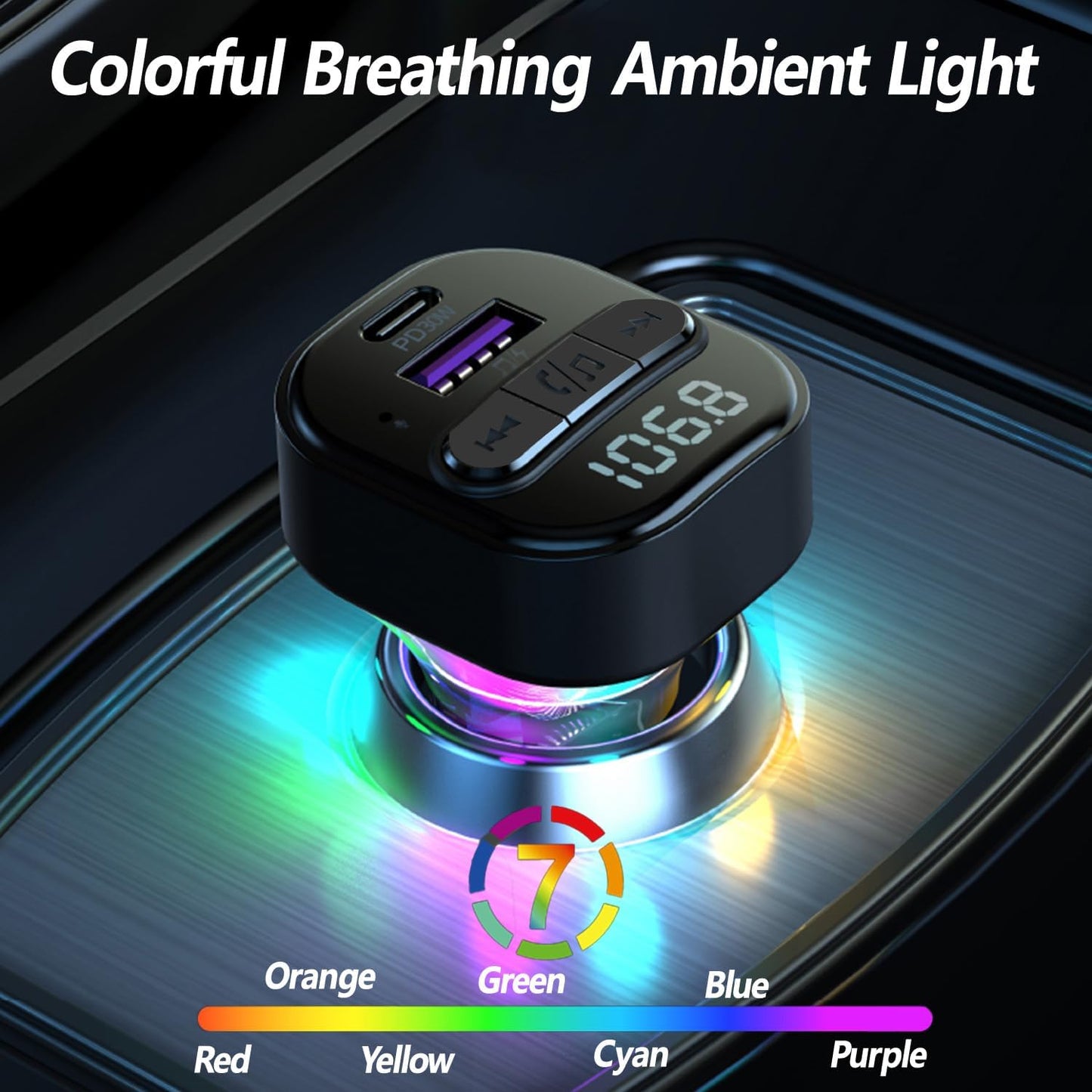 Bluetooth 5.3 FM Transmitter for Car, Bluetooth Car Adapter with Type-C PD(30W) Charger and QC3.0 USB Port, Wireless FM Radio Transmitter, Support MP3 Player, Handsfree Calling, Backlit,U Disk, Grey