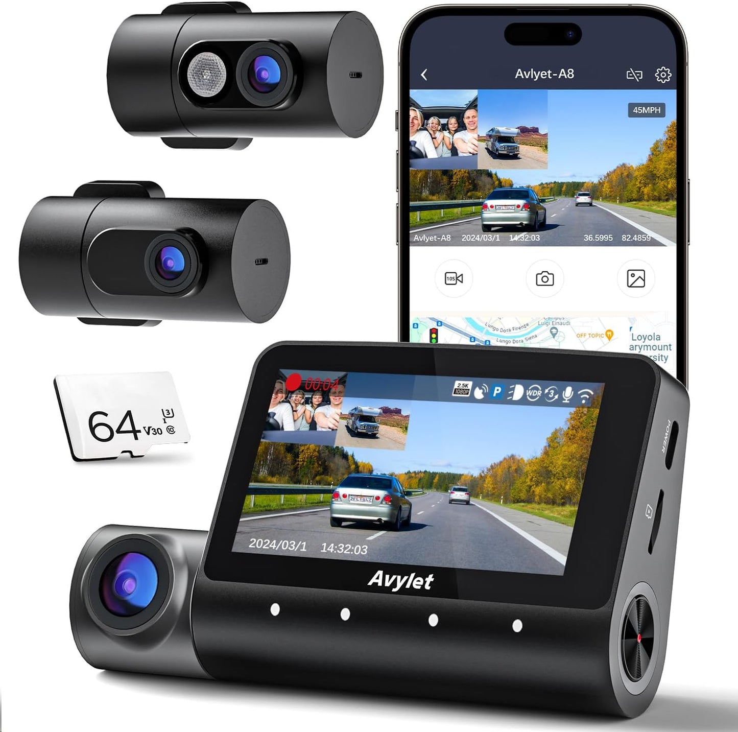 5K 3 Channel Dash Cam, Wi-Fi GPS with 64GB Card, 4K+1080P+1080P Front and Rear Inside Triple Car Camera with 3'' IPS Screen, IR Night Vision, Voice Control, 24H Parking Monitor, 512GB Max