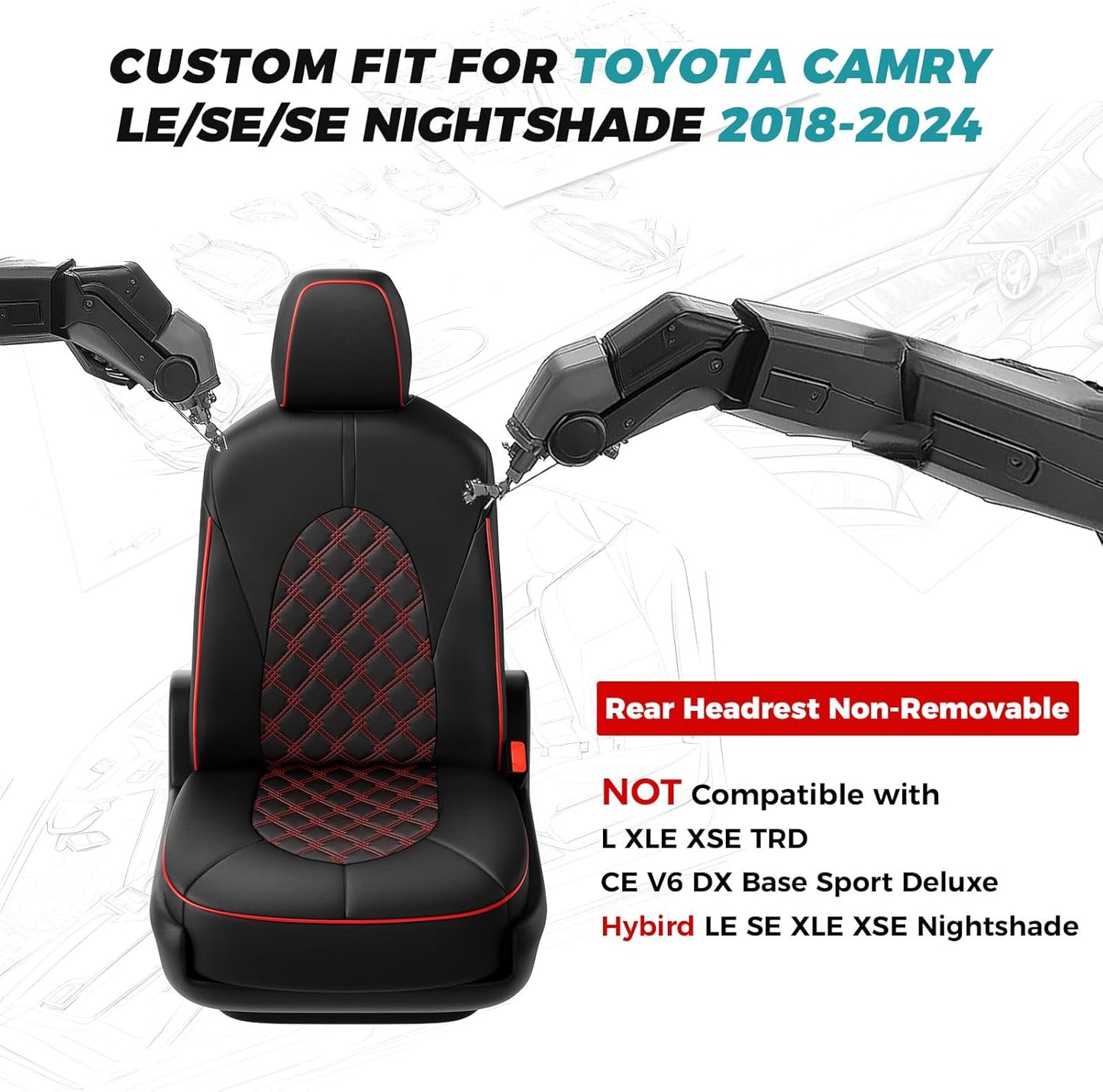 for Toyota Camry Seat Covers LE SE SE Nightshade 2018 2019 2020 2021 2022 2023 2024 - Custom Car Seat Covers Full Set, Waterproof Breathable Leather Seat Covers for Cars, Black Red Not Hybrid