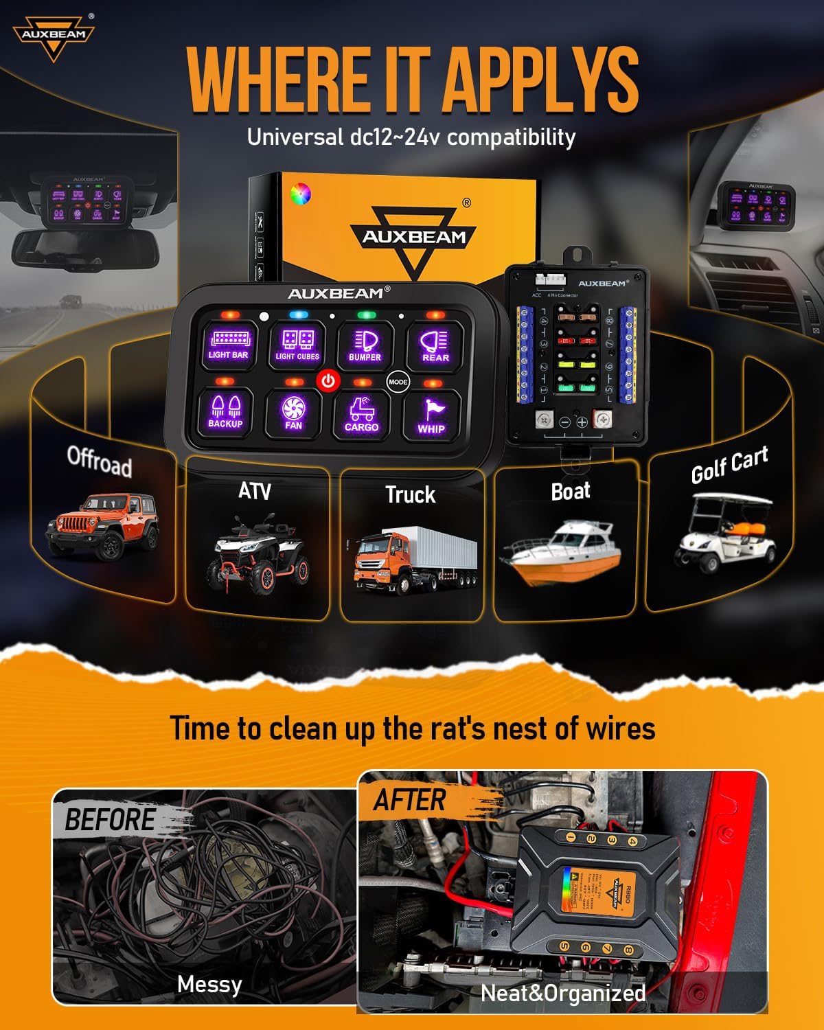 Auxbeam Switch Panel RB80 RGB 8 Gang Switch Panel Auto-Dimmable Multifunction Switch Panel w/Momentary Toggle Pulsed Memory, Aluminum Switch Panel for Truck Boat Car RV Waterproof, 2-Year Warranty