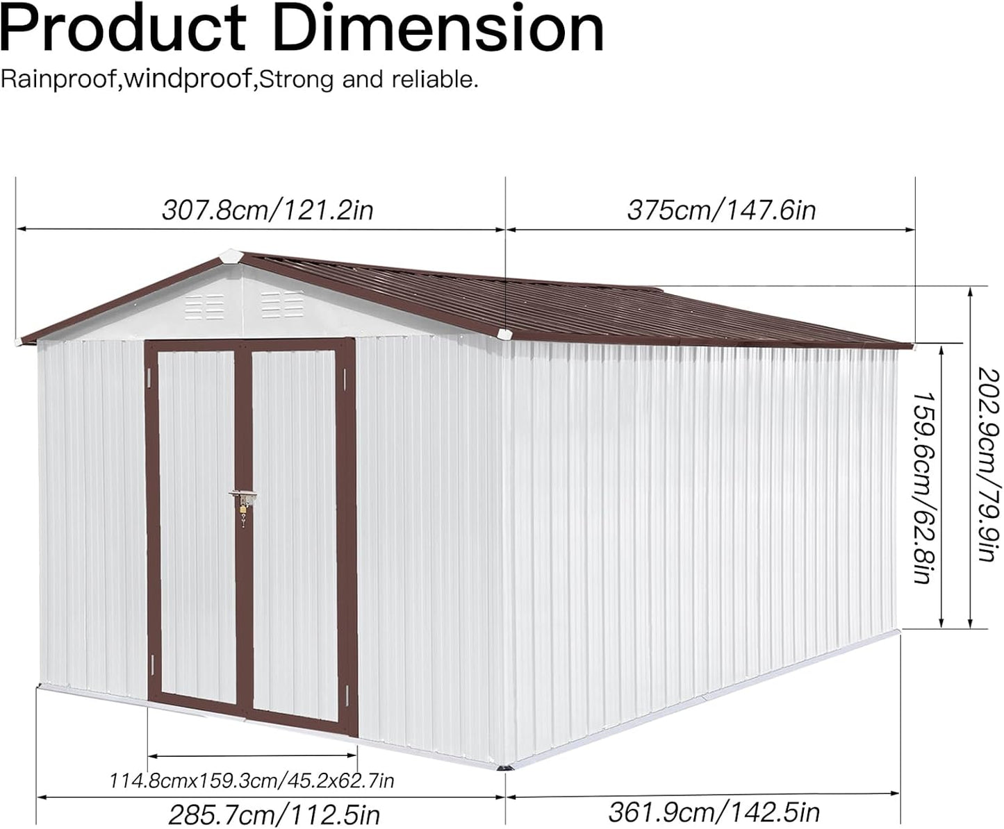 12 x 10 FT Metal Garden Shed, Outdoor Storage Shed with Heavy-Duty Steel Construction, Built-in Punched Vents & Hinged Door, Free Padlock for Secure Backyard, Patio & Garage Storage, White + Coffee