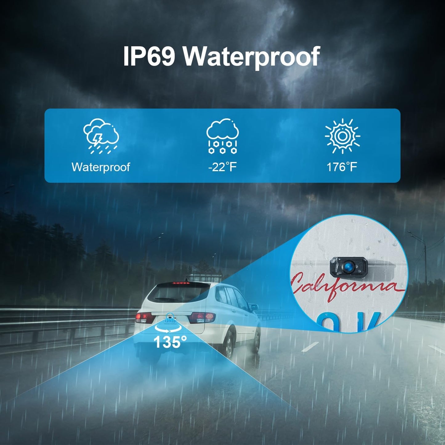 Fookoo HD 1080P 7-inch Wireless Backup Camera, 7" Split Screen Monitor + Rear View Licence Plate Camera, DIY Guide Lines Wide Angle IP69 Waterproof Easy to Install for Car Pickup Van SUV - DW7CT