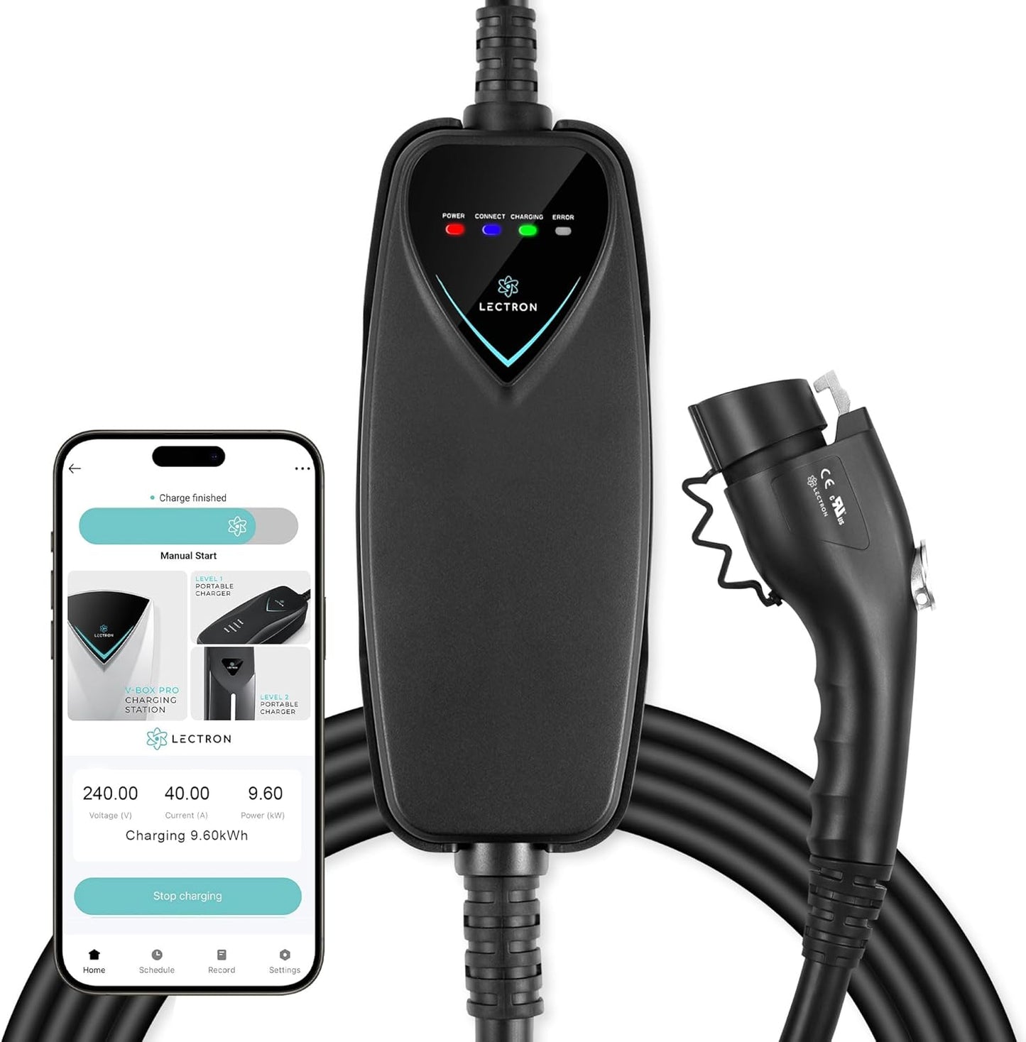 Lectron Level 2 J1772 Charger (WiFi Version) - 240V, 40 Amp, NEMA 14-50 Plug, 16 ft Extension Cord - Portable Electric Car Charger for J1772 Evs