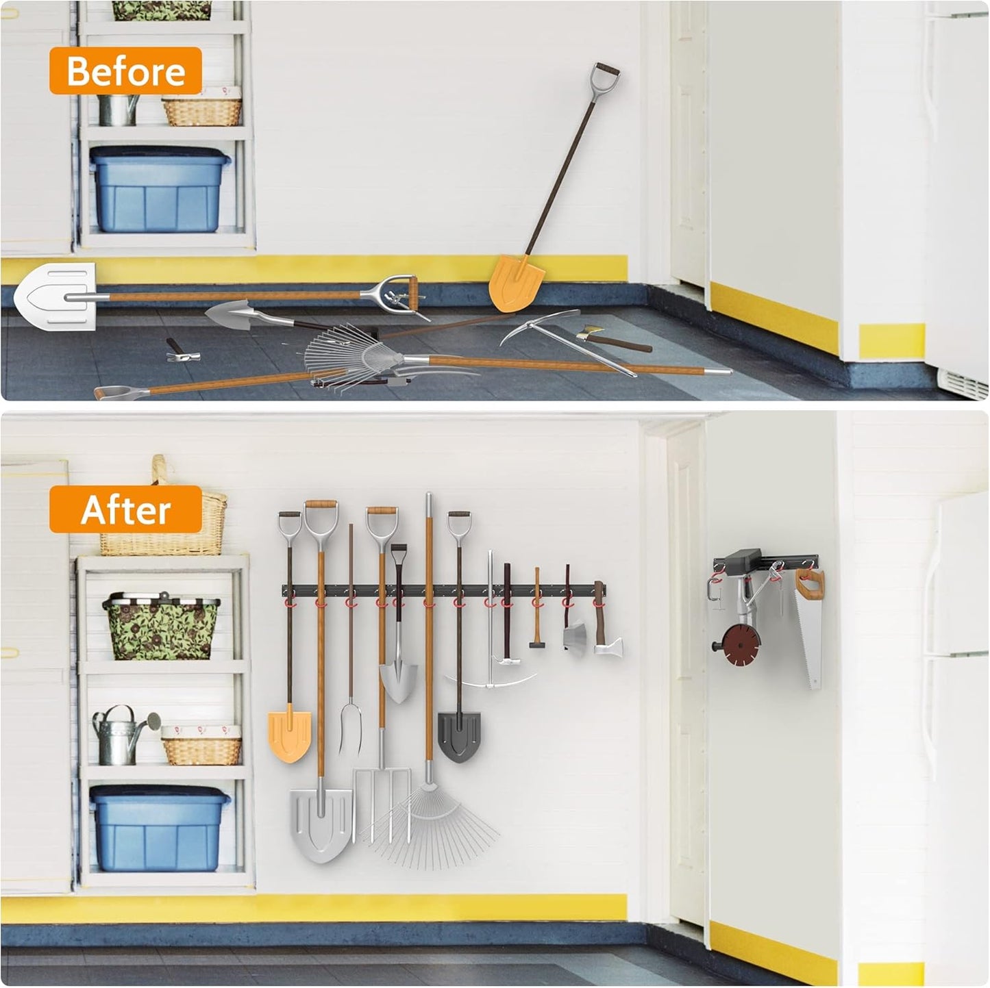 WALMANN All Metal 64 Inch Wall Mount Garden Tool Organizer for Garage, Mop and Broom Holder, Yard Tool Storage Rack for Rake, Shovel, Spade, Mop, Broom(4 Rails, 16 Hooks)