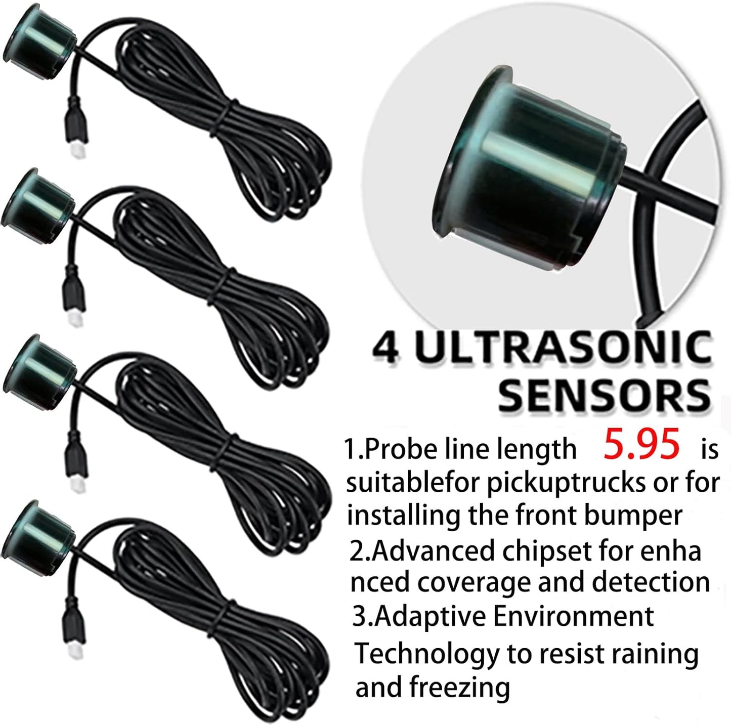Pickup Truck Backup Radar System - Four 5.95m Sensors for Rear Installation, Compatible with Front Bumper Mounting - Enhance Safety & Visibility（Black）