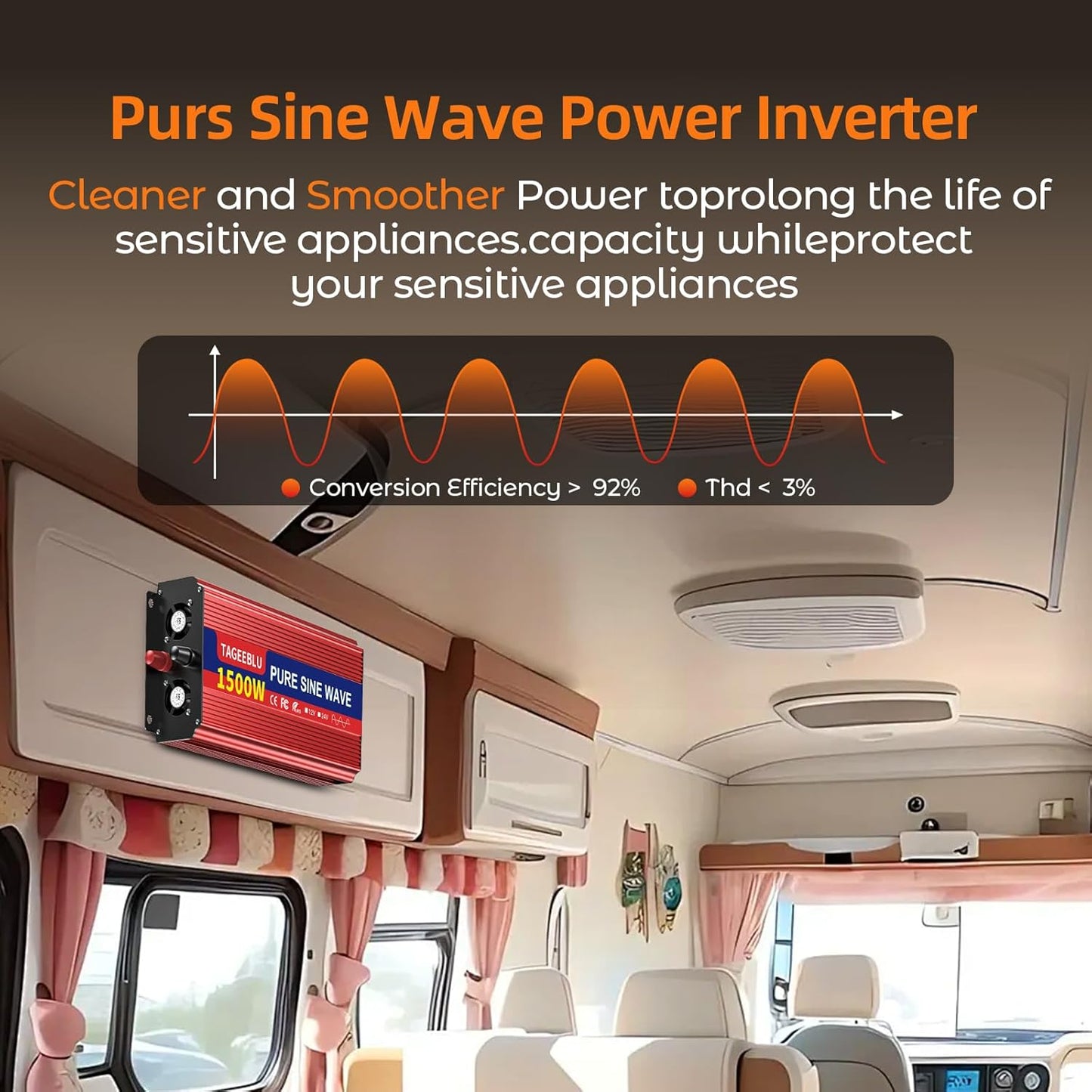 1500W Pure Sine Wave Inverter, 12V DC to 110V/120V AC Power Inverter for RV、Off Grid、Truck、with 2 AC outlets and LCD Display
