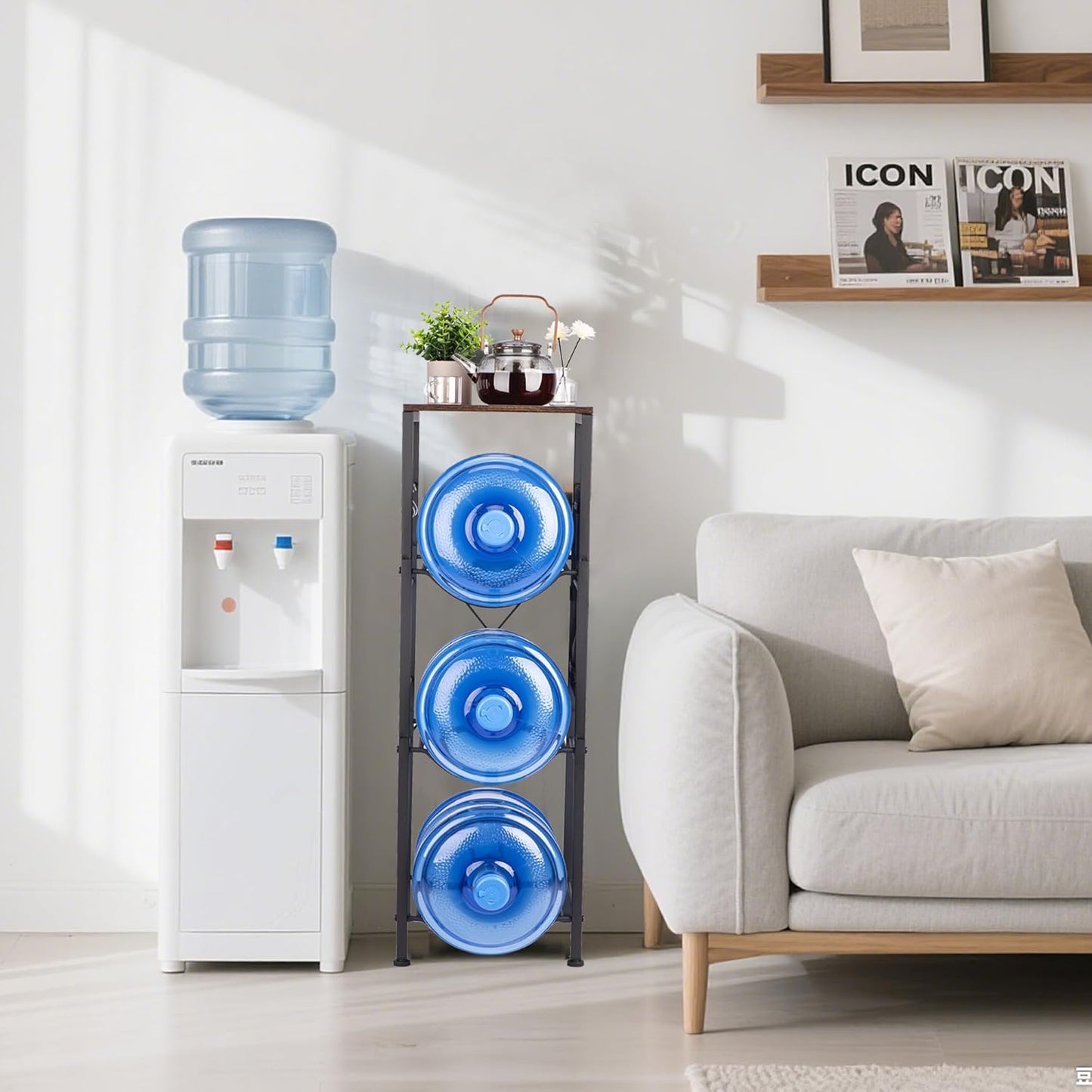 3-Tier 5 Gallon Water Bottle Holder, Heavy Duty Water Jug Rack with Wood Top Shelf, Water Dispenser Stand for Kitchen, Office, Garage