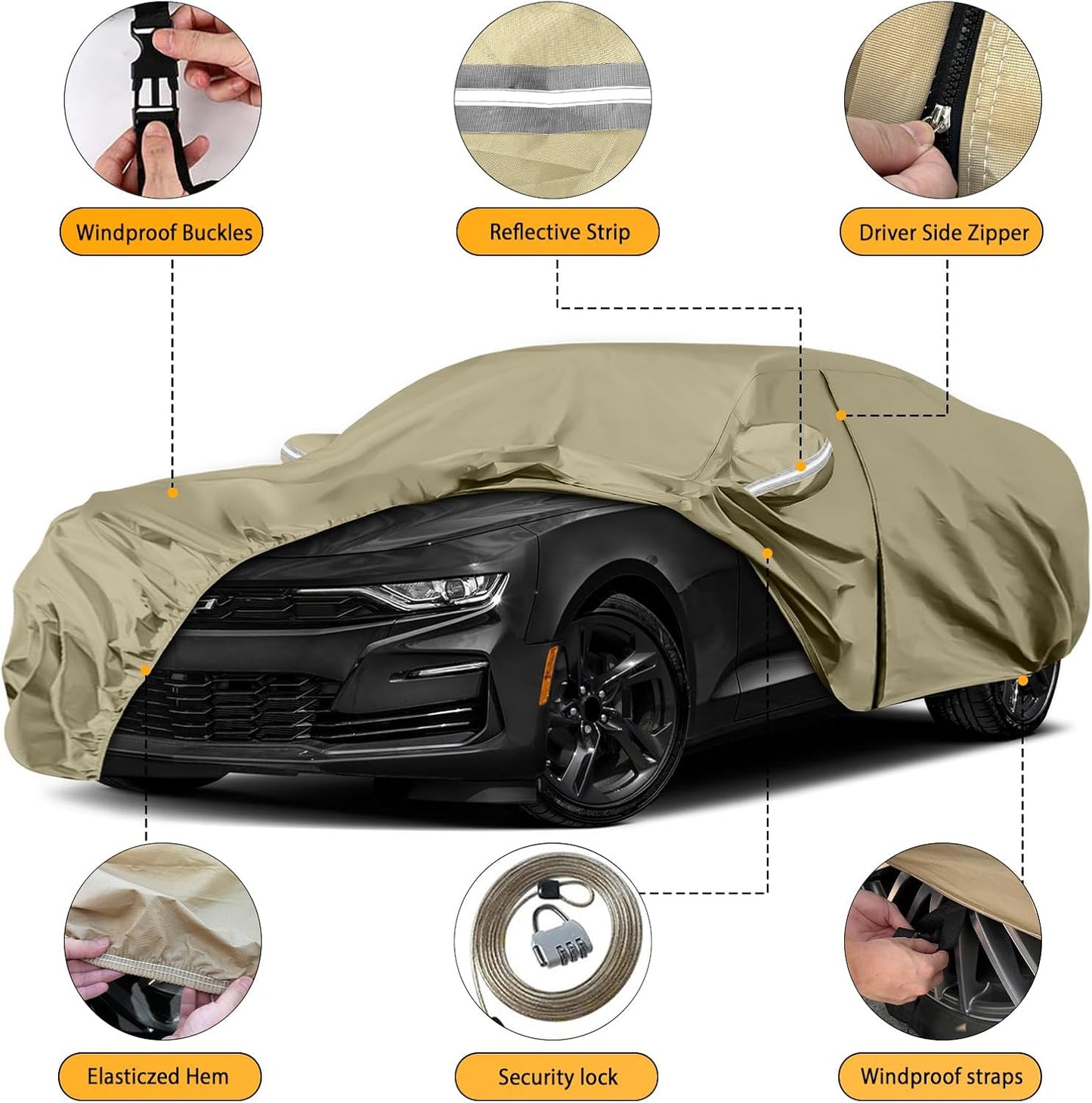 Waterproof Car Covers Replace for 2010-2025 Chevy Camaro, Multilayer Heavy Duty with Cotton Liner All Weather Custom-fit Car Cover with Zipper Door, Windproof Bands for Snow Rain Dust Protection