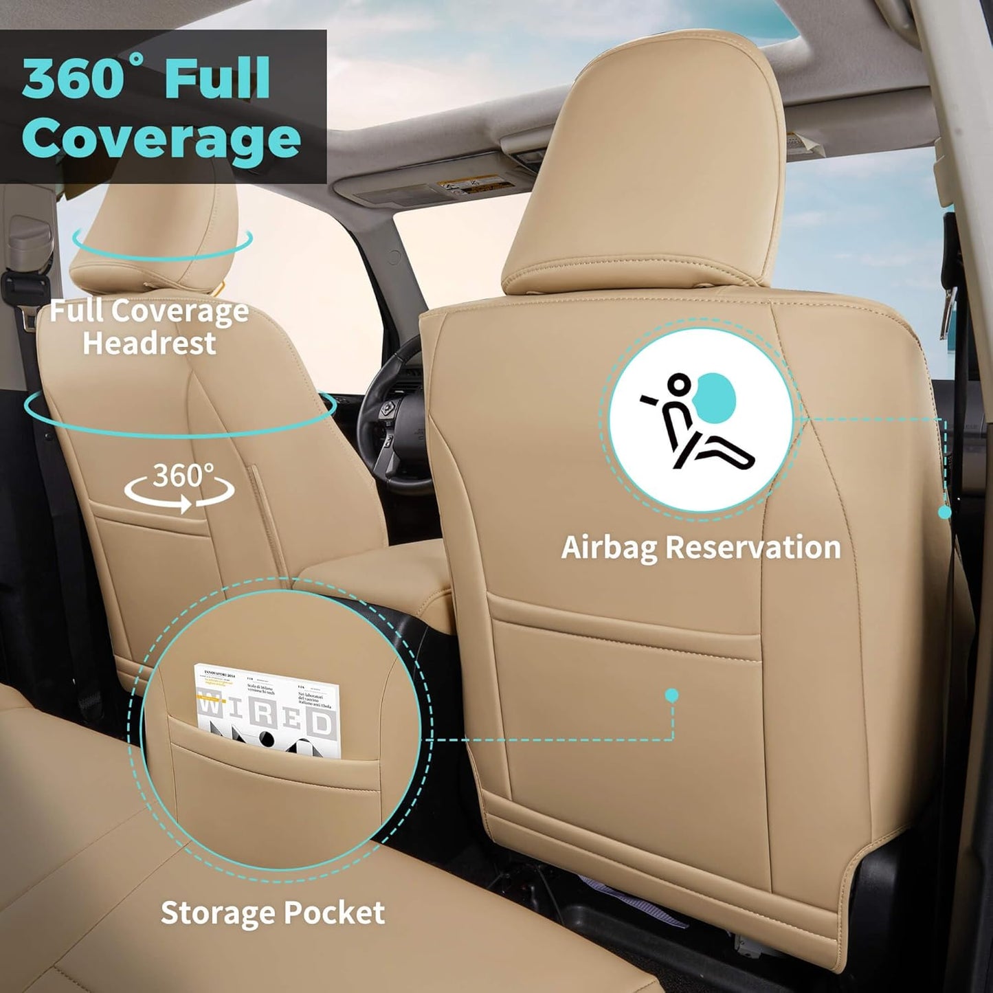 Seat Covers for Toyota 4Runner 2011-2024, Faux Leather Car Seat Cover Full Set, 2-Row-Only for 5 Seats Version-Beige