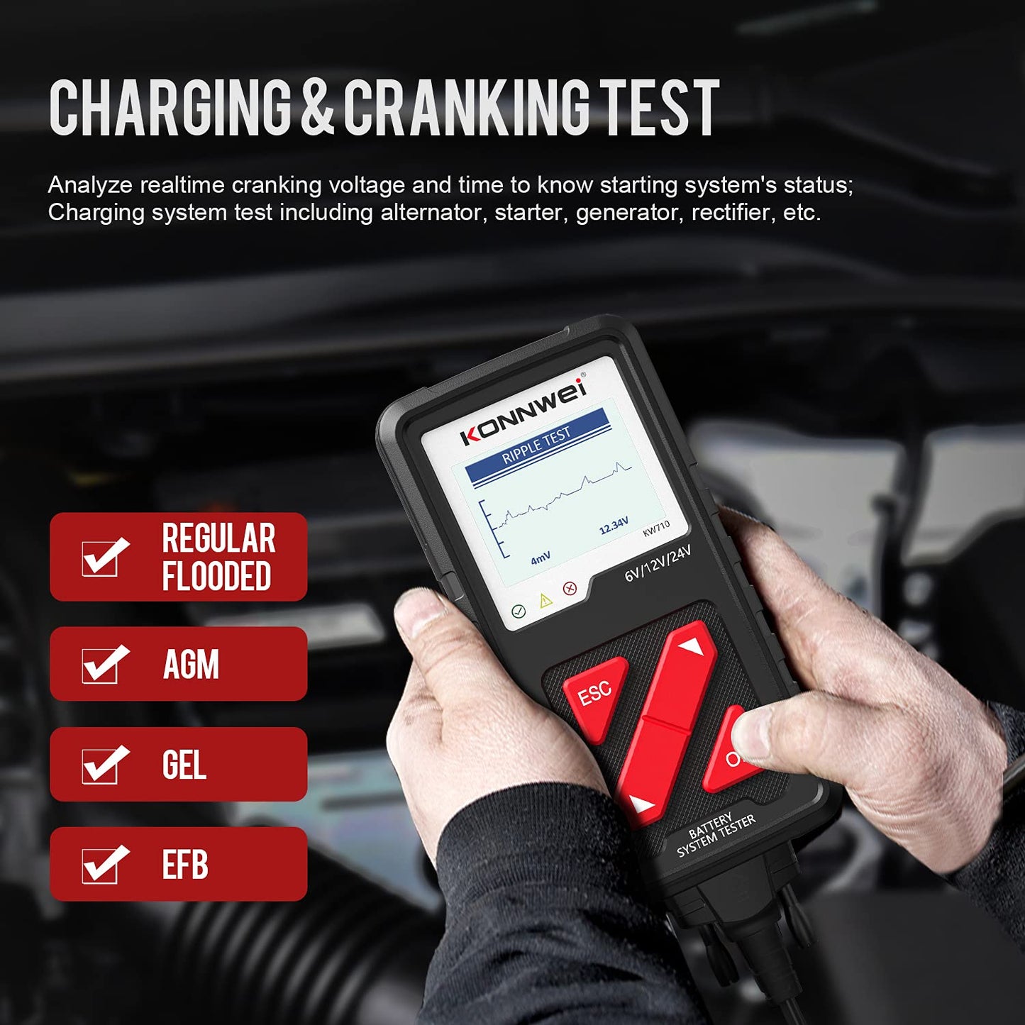 KONNWEI KW710 Car Battery Tester 6V 12V 24V, Battery Load Tester Automotive 100-2000CCA Digital Auto Battery Analyzer Alternator Starter Tester for Car Truck Motorcycle Marine ATV SUV