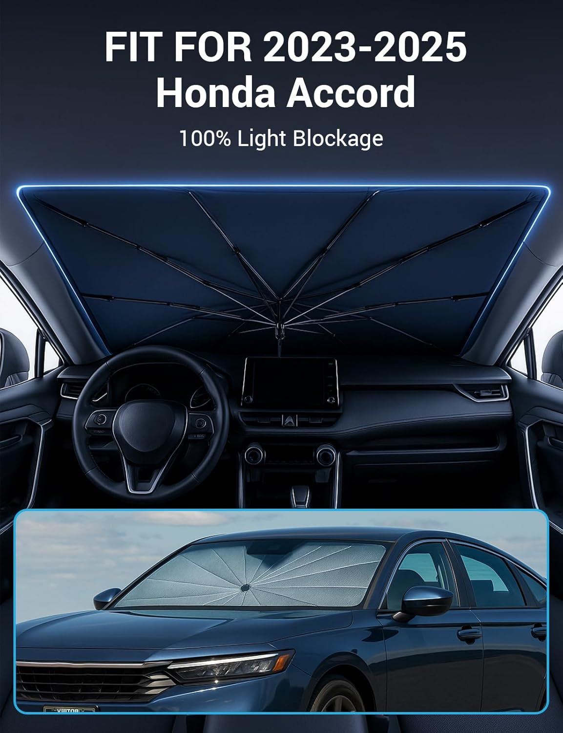 Proadsy Windshield Sun Shade Umbrella for Honda Accord 2023-2025 2026 Foldable Car Umbrella Sunshade with Soft TPU Handle Spring Structure Crystal Cooling Material Protect Car from Rays & Heat