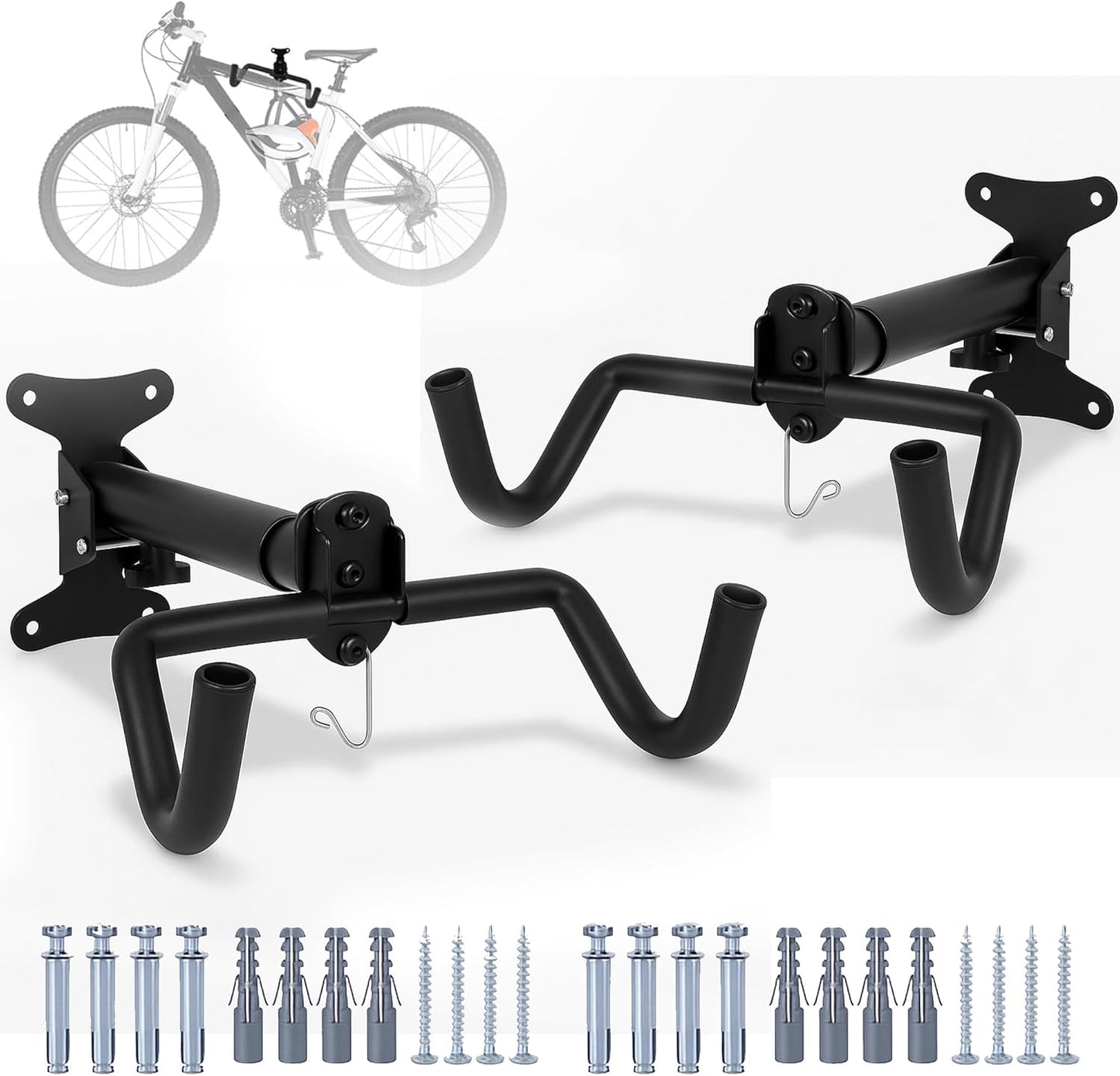 Bike Wall Mount, 2 Pack Bike Hanger, Foldable Bicycle Storage Horizontal Rack, Includes Bike Hook, for Garage, Indoor or Shed with Screws