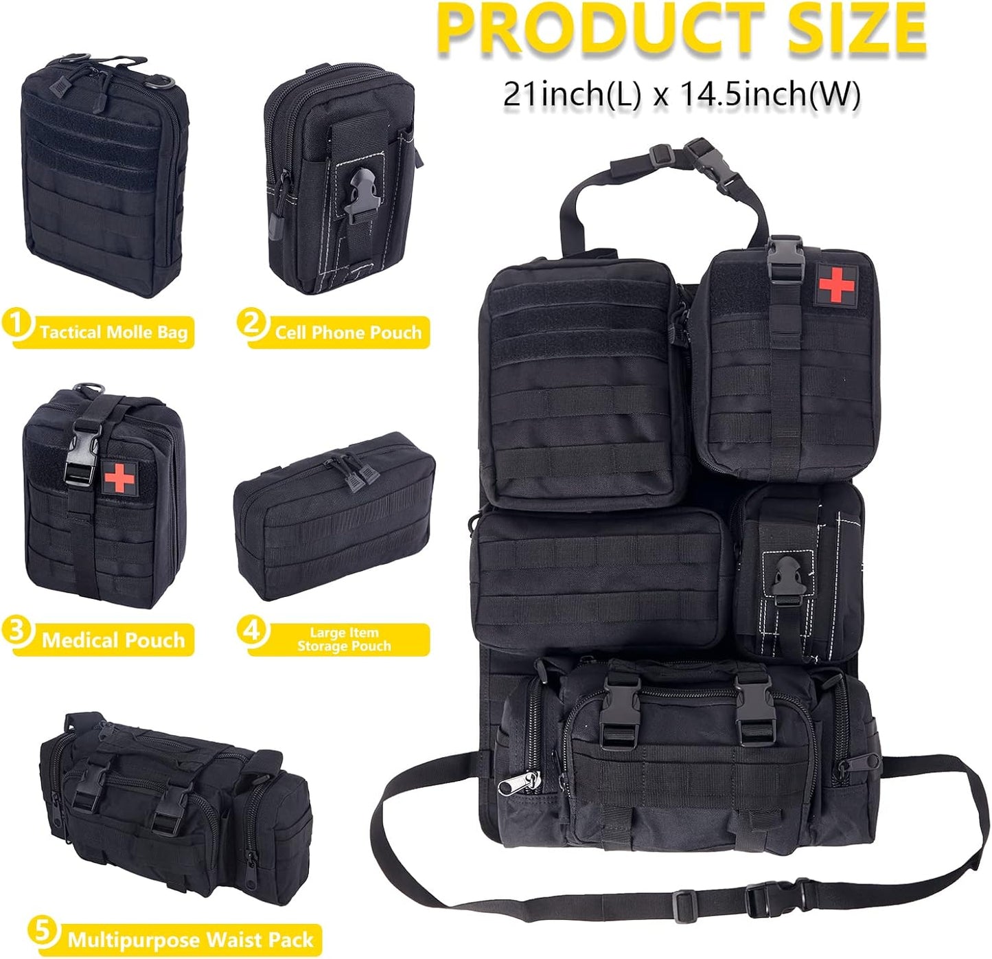 Universal Tactical Seat Back Organizer Vehicle Molle Panel Organizer Storage Bag with 5 Detachable Molle Pouch for All Vehicel Such as Jeep,Truck,SUV, Car, Ford,Chevy etc