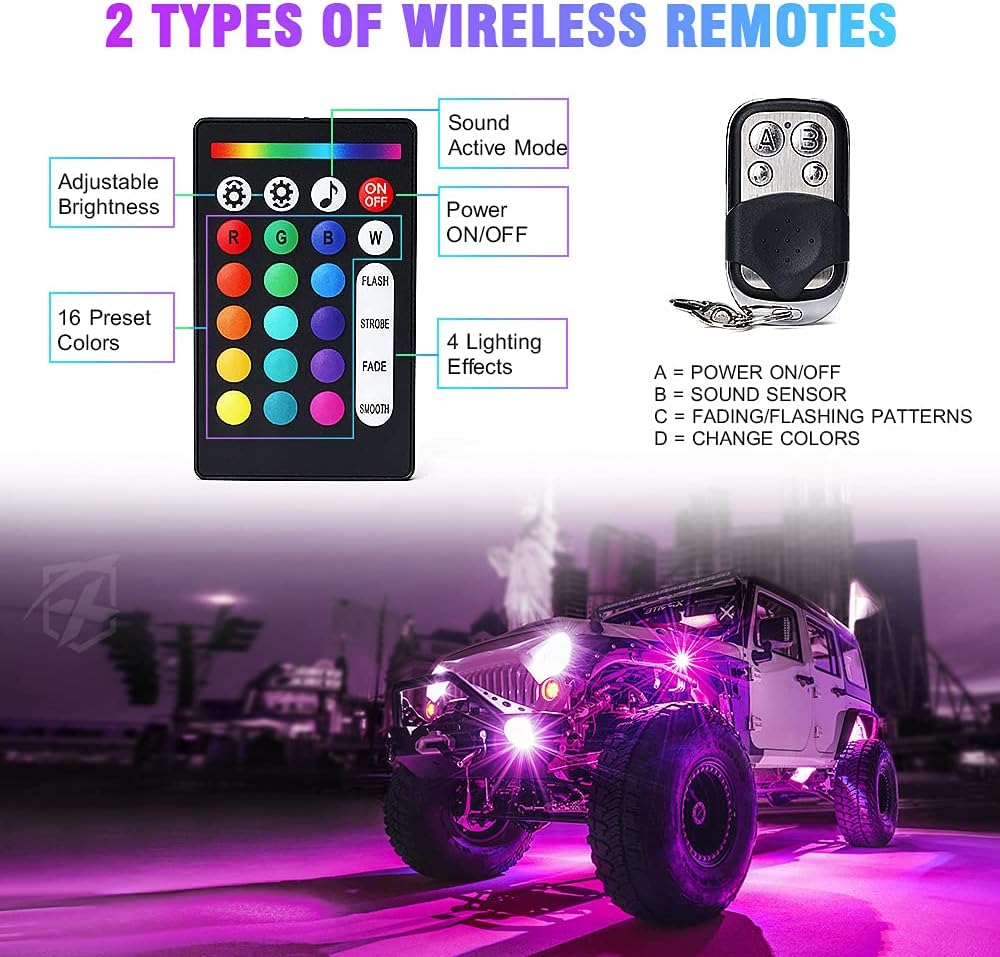 Xprite RGB LED Rock Lights Wide Angle Bluetooth Multicolor Neon Lighting Footwell Underglow Kits w/Wireless Remote, Compatible Jeep Off-Road Trucks Cars UTV ATV SUV RZR Motorcycles Boats 6 Pods
