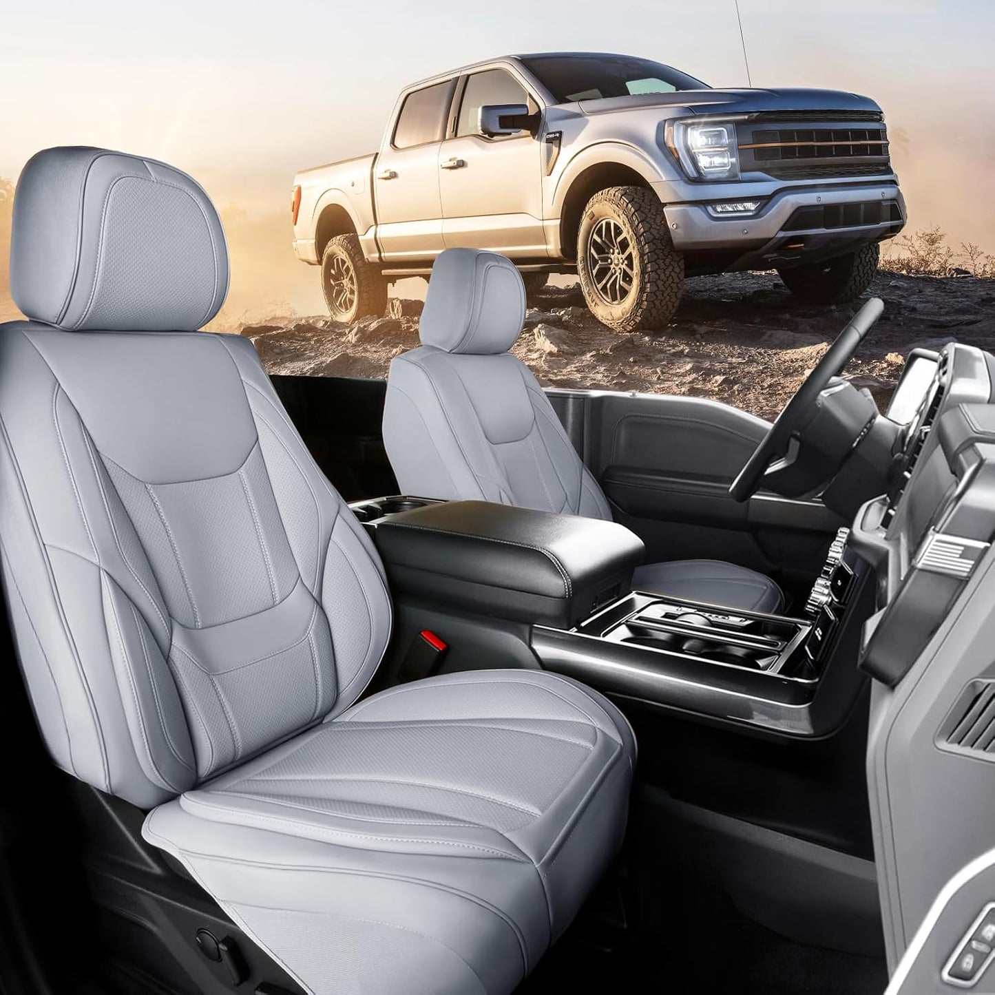 Coverland Custom Car Seat Covers Compatible with Tacoma, F150, F250, F350, Ram 1500, Silverado 1500 - Premium Leather Non-Slip Waterproof Interior Front Seat-Gray [See Size Chart-Size A10]