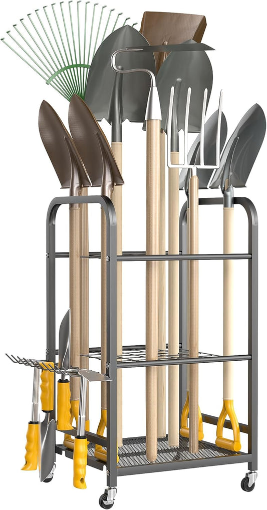 Ultrawall Garden Tool Organizer Stand, Yard Tool Storage Rack with Lockable Wheels, Garage Tool Storage for Rake, Brooms, Indoor & Outdoor Use