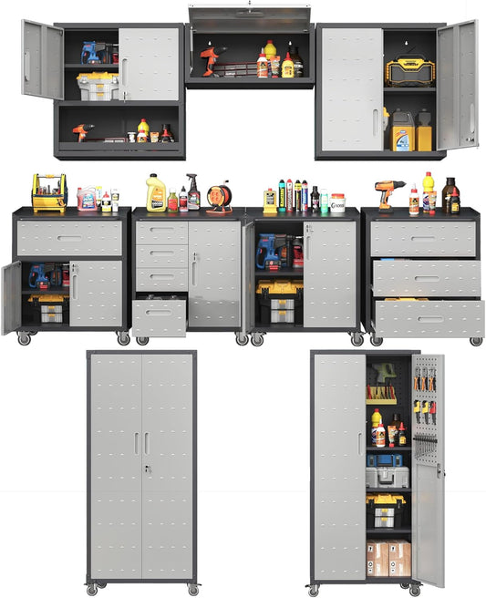Metal Tool Cabinet,Garage Storage Cabinet System,Wall Cabinet & Locking Rolling Tool Cabinet with Doors and Adjustable Shelves,Steel Tool Cabinets for Home,Office (9 Pcs-StyleA, Black & Grey)
