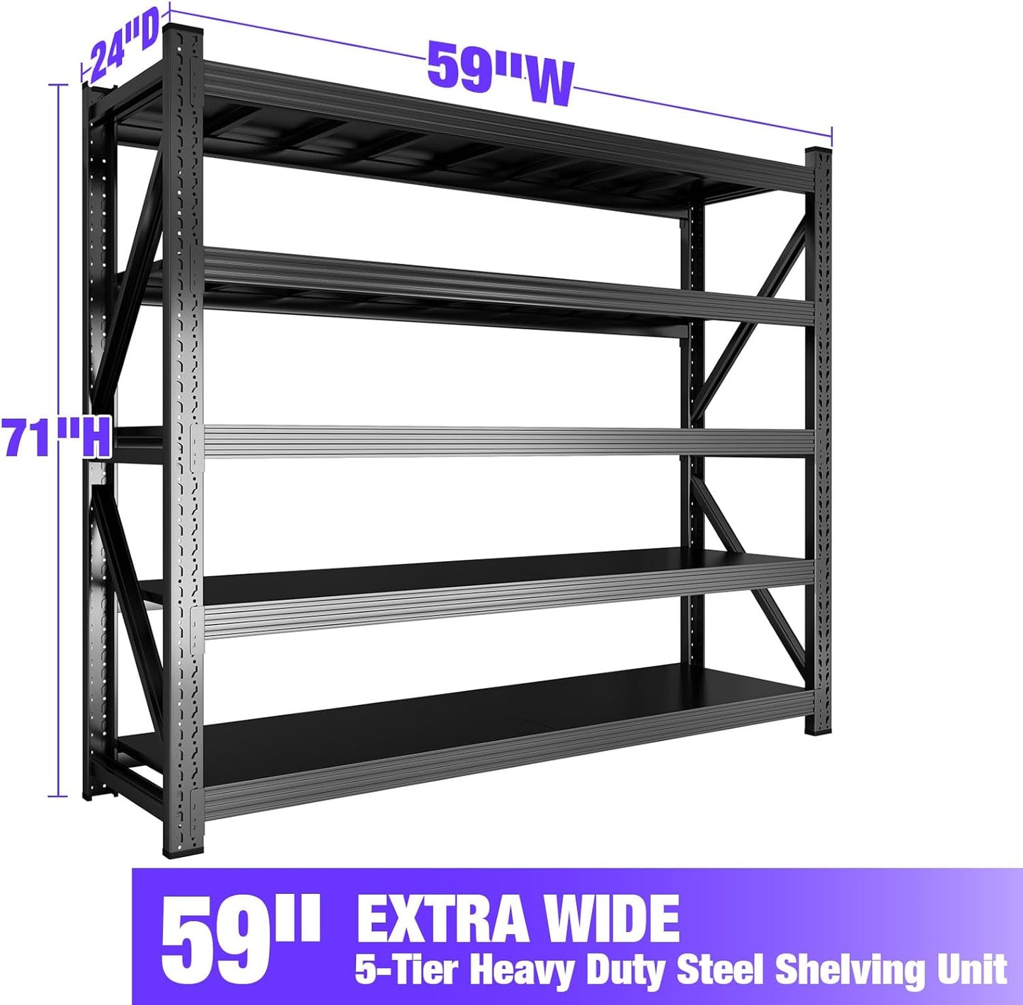 Metal Garage Shelving Heavy Duty, 5-Tier Adjustable Wire Storage Garage Shelves, 8000 LBS Loads Industrial Shelving Units for Garages, Warehouses, Kitchen, Black, 59" W x 24" D x 71" H,4 Pack