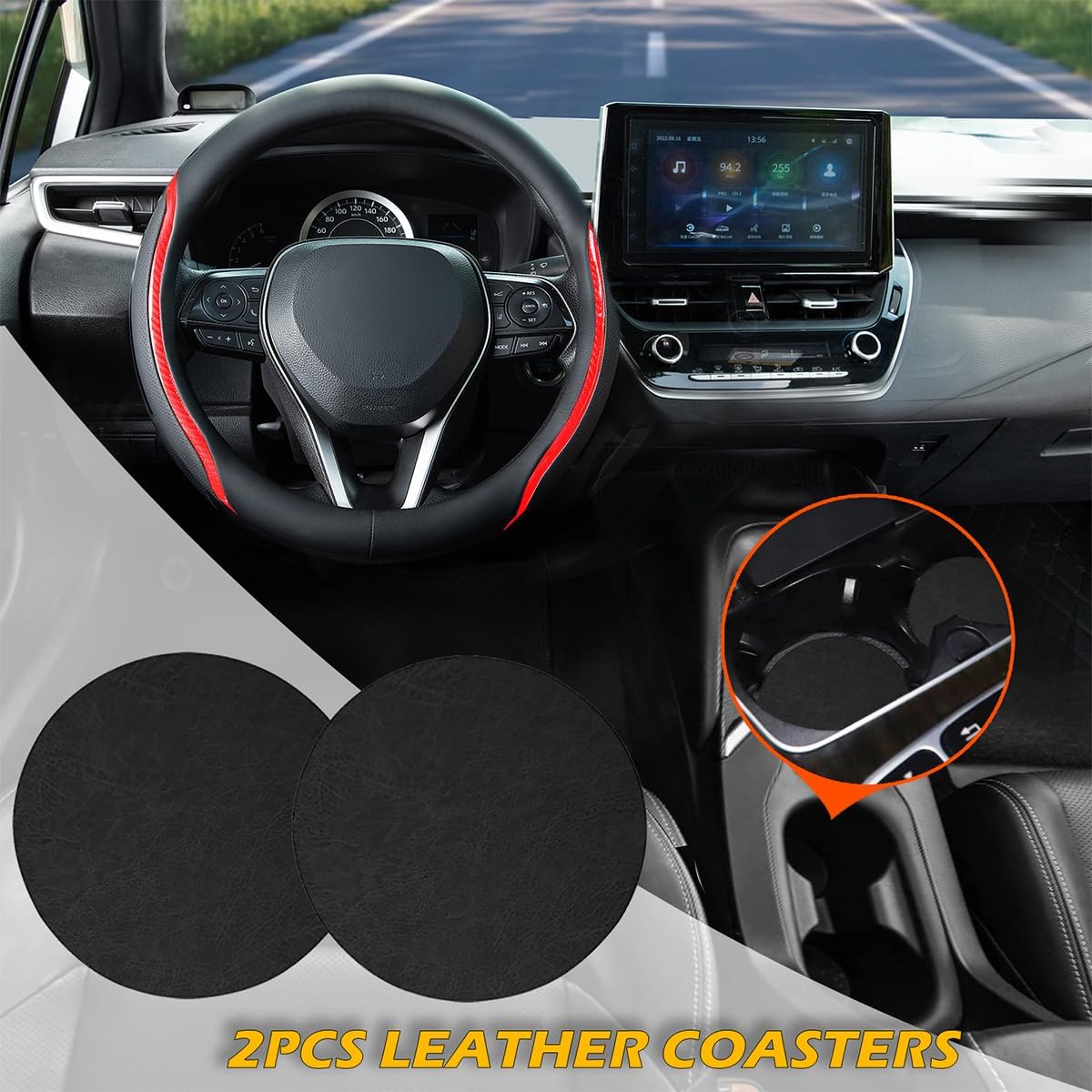 Steering Wheel Cover Black Red, Carbon Fiber Car Steering Wheel Covers with Coasters Universal 14.5-15 inch Leather Microfiber Breathable Anti-Slip Steering Wheel Accessories Set