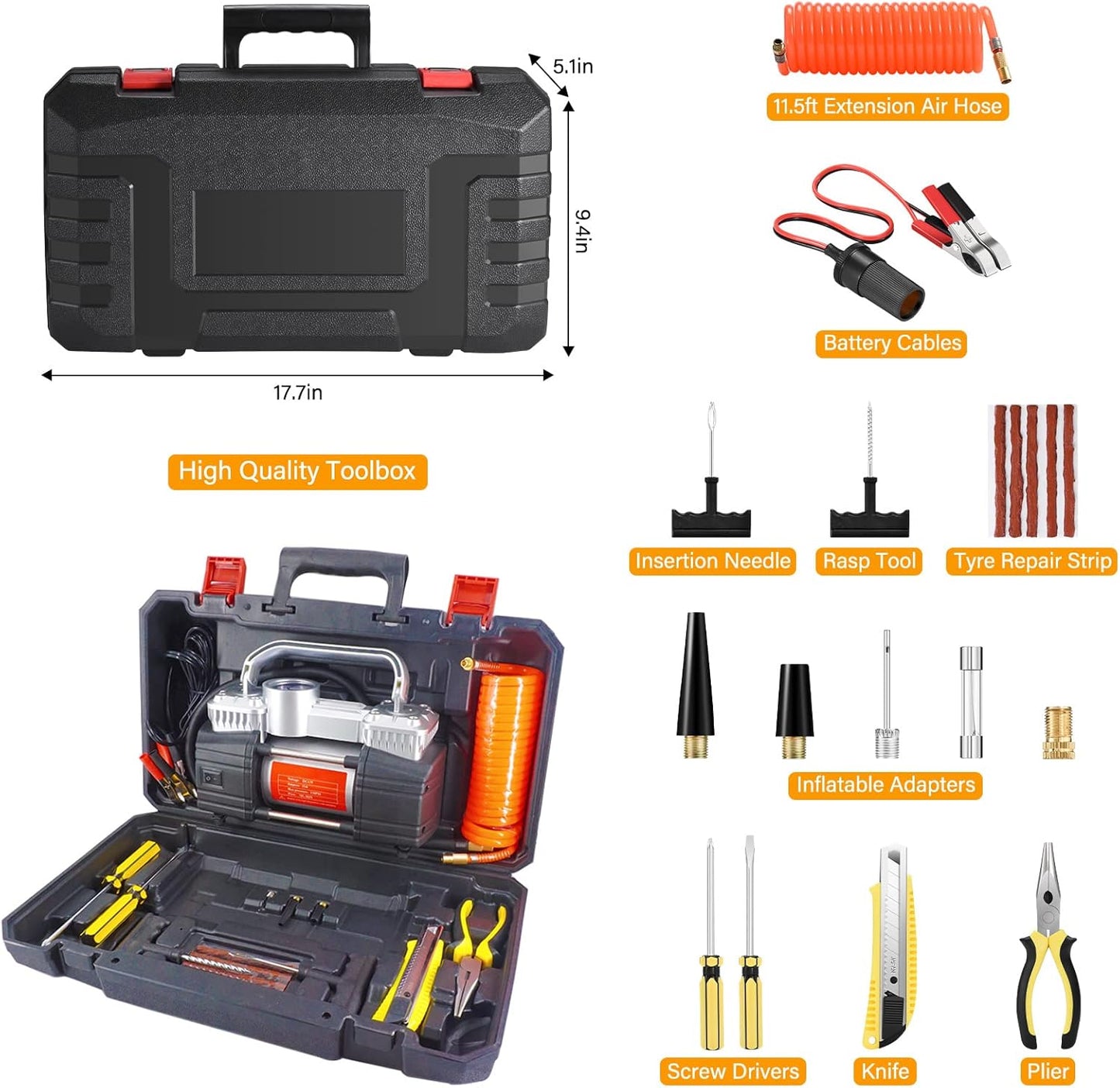 GSPSCN Digital Tire Inflator, Portable Toolbox 12V Air Compressor Pump Heavy Duty Dual Cylinders Car Pump,150Psi Auto Shut-Off with Tire Repair Kit for Auto,SUV,Truck etc