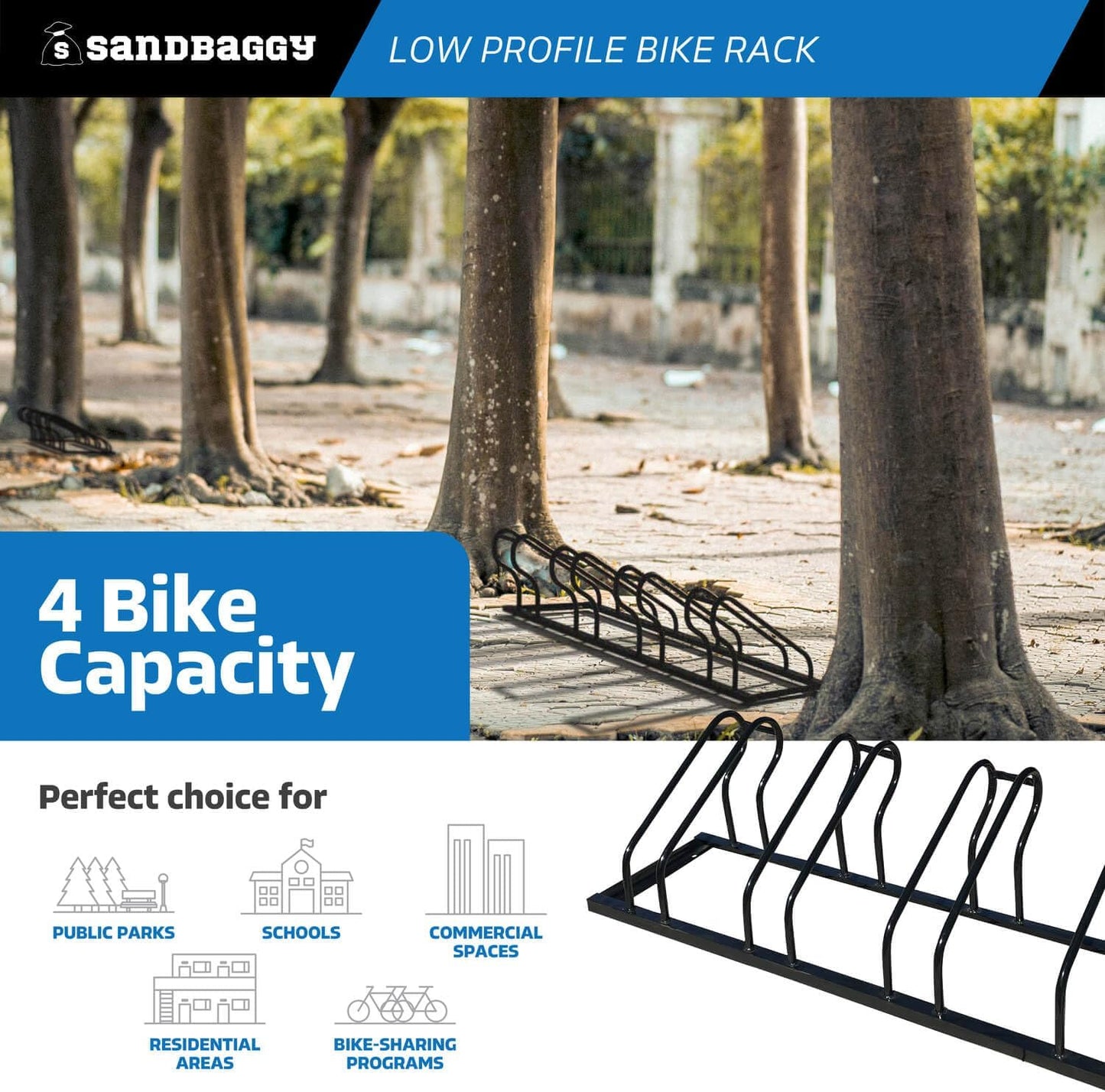Sandbaggy Commercial Low Profile Bike Rack - Outdoor, Surface Mount, Steel - 4 Bike (4 Capacity (Low-Profile), 1)