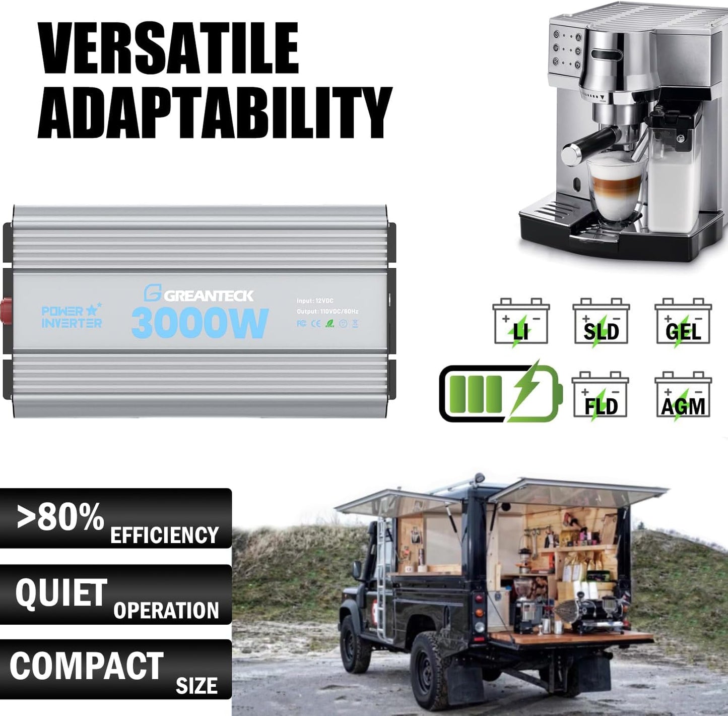 Power Inverter 3000 Watt, DC 12V to AC 110V 120V Converter Car Modified Sine Wave Power Inverter with Dual Sockets, USB Port, LED Display for RV Truck Boat Solar Car Emergency Off Grid