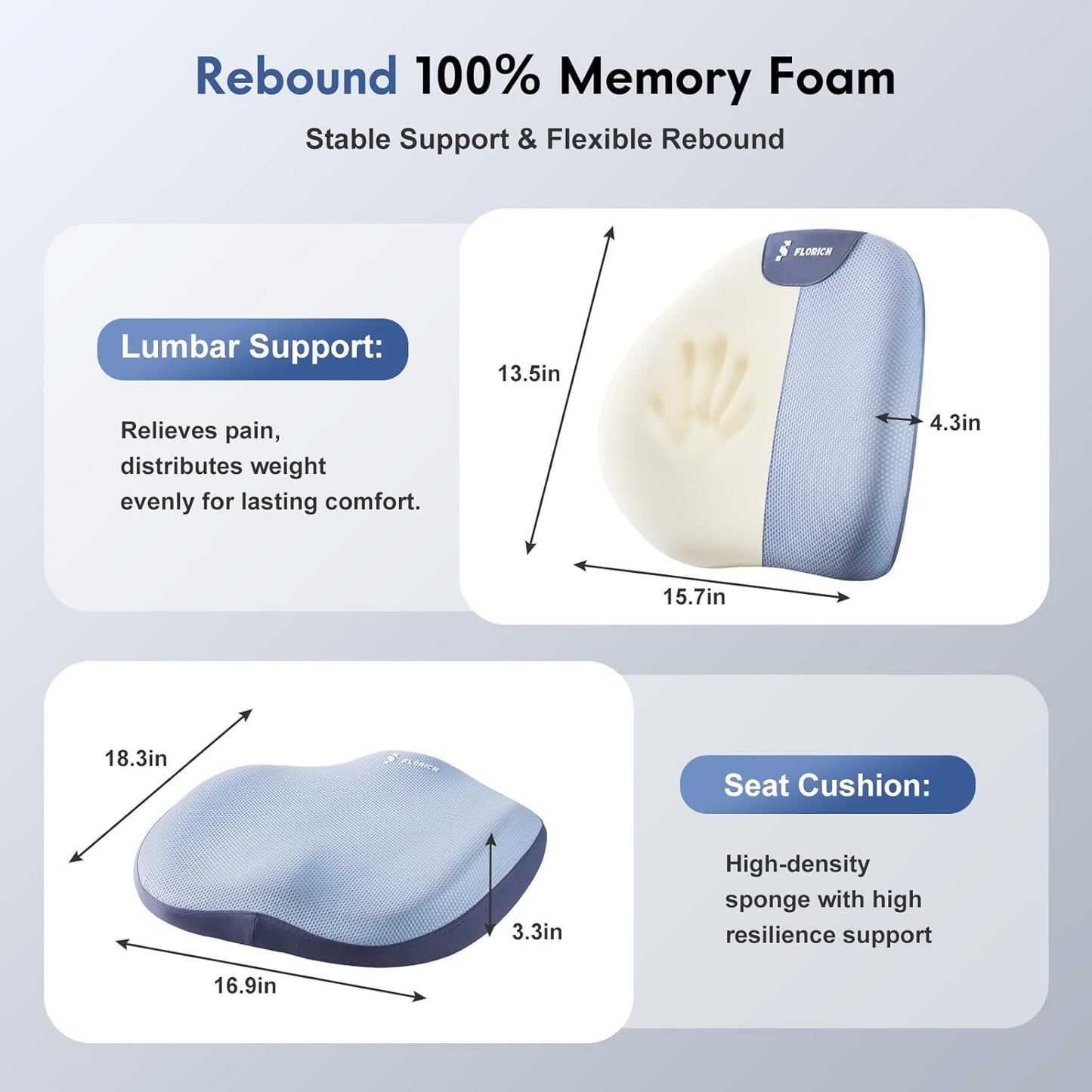 FLORICH Seat Cushion and Lumbar Support Pillow for Office Chair Car, Ergonomic Memory Foam Back Support for Office Gaming Chair Driving Seat Wheelchair, Relieves Neck, Back & Sciatica Pain – Blue