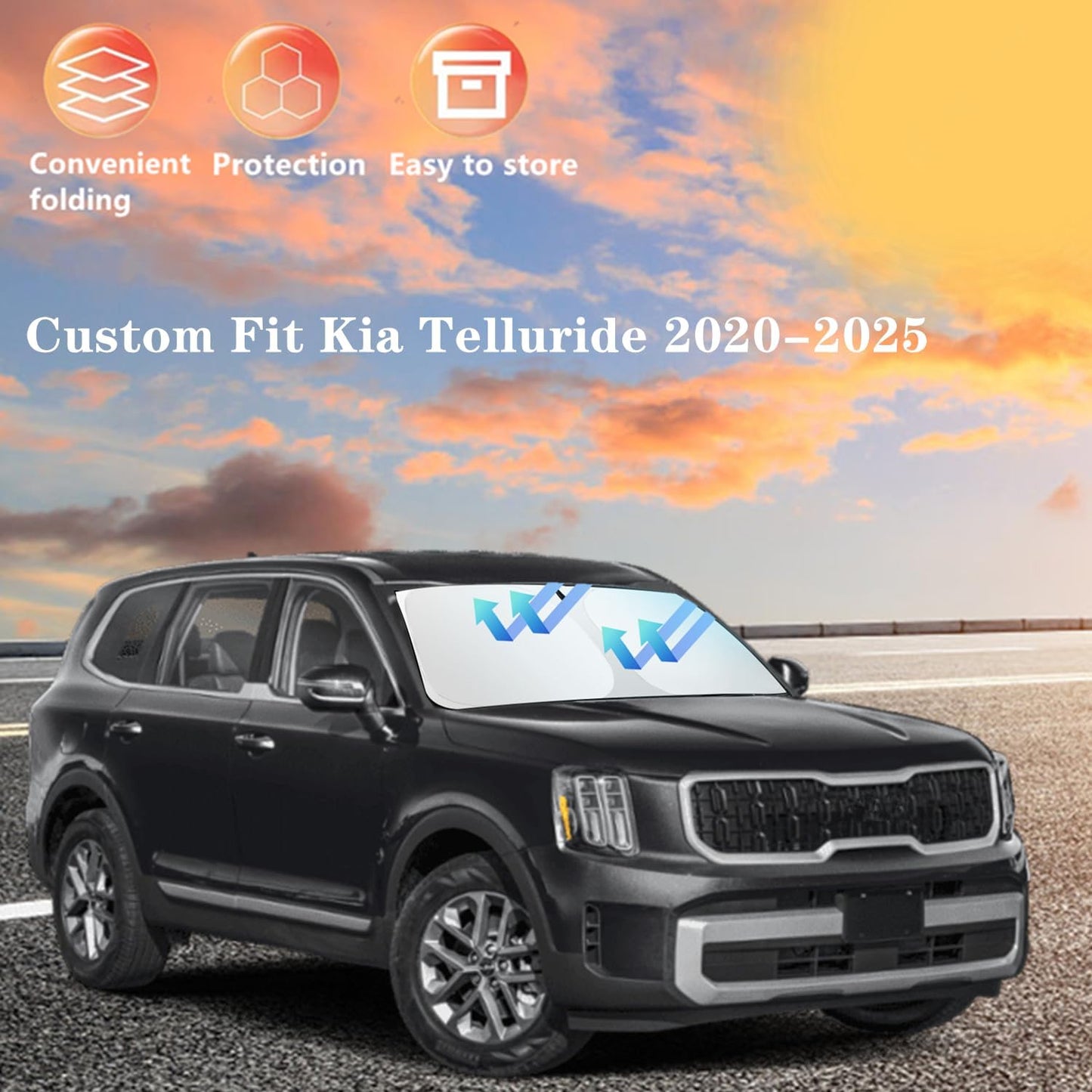 Windshield Sun Shade for Kia Telluride 2020-2025 4-Layer Front Window Shade Custom Sun Visor 240T Shade Blocks UV Keep Your Car Cooler