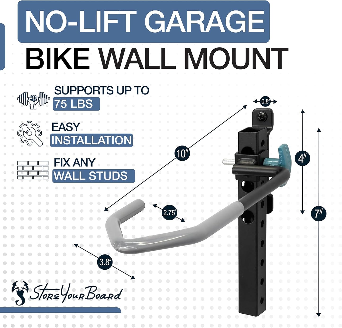 WheelRest Bike Hook, No-Lift Garage Bike Wall Mount 75lbs Max Load, Fits all bikes, Vertical Bicycle Storage Rack, Adjustable Bike Hanger for MTB, Road, eBike, 2 Pack