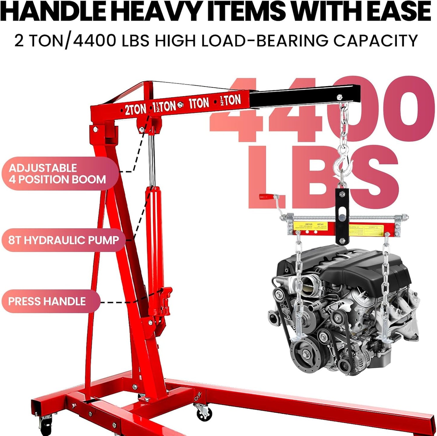 2 Ton Folding Engine Hoist, 4400lbs Hydraulic Cherry Picker Engine Hoist with 6 Casters, Heavy Duty Engine Lift for Garage, Workshop, Automotive Repair (Red)