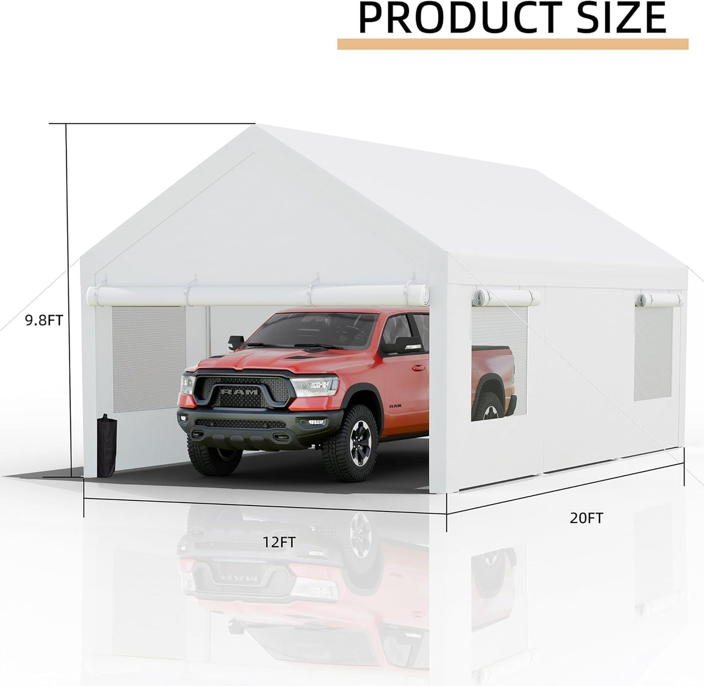 JY QAQA Carport, 10x20 FT Heavy Duty Carport with Removable Side Walls and Doors, Portable Garage with Roll-Up Window and Sandbags, Car Canopy with All-Season Tarp for Cars, Trucks, Boats, White