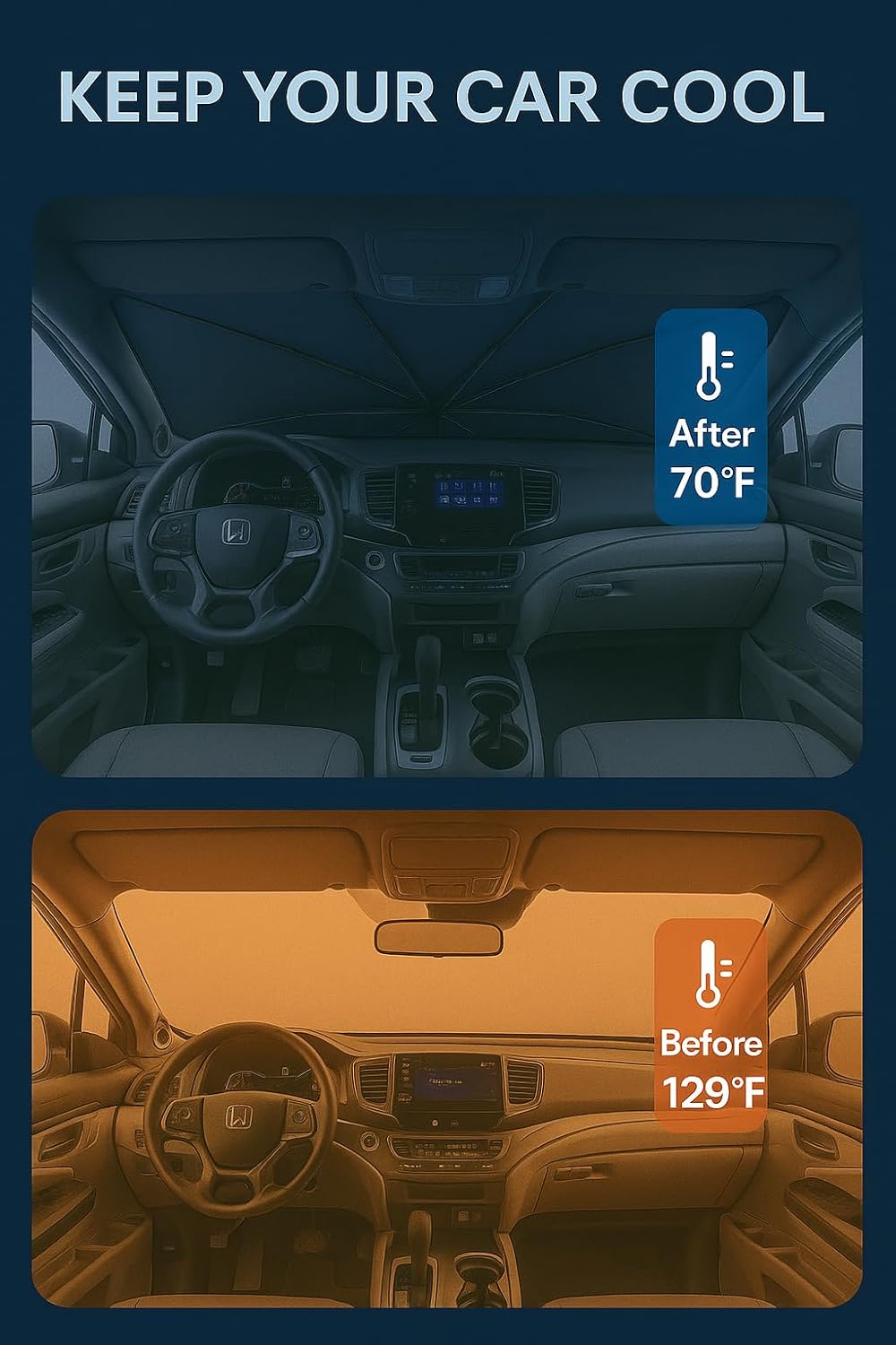 Proadsy Windshield Sun Shade Umbrella for Honda Pilot 2016-2025 2026 Foldable Car Umbrella Sunshade with Soft TPU Handle Spring Structure Crystal Cooling Material Protect Car from Rays & Heat