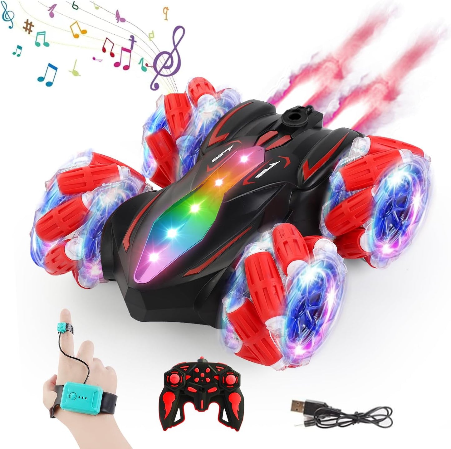 Upgraged Gesture Sensing RC Stunt Car with Lights & Music, Hand Gesture Remote Control Car Toy with 360° Spins Gesture RC Spray Car Birthday Toys Gifts for 6 7 8 9 10 Year Old Boys