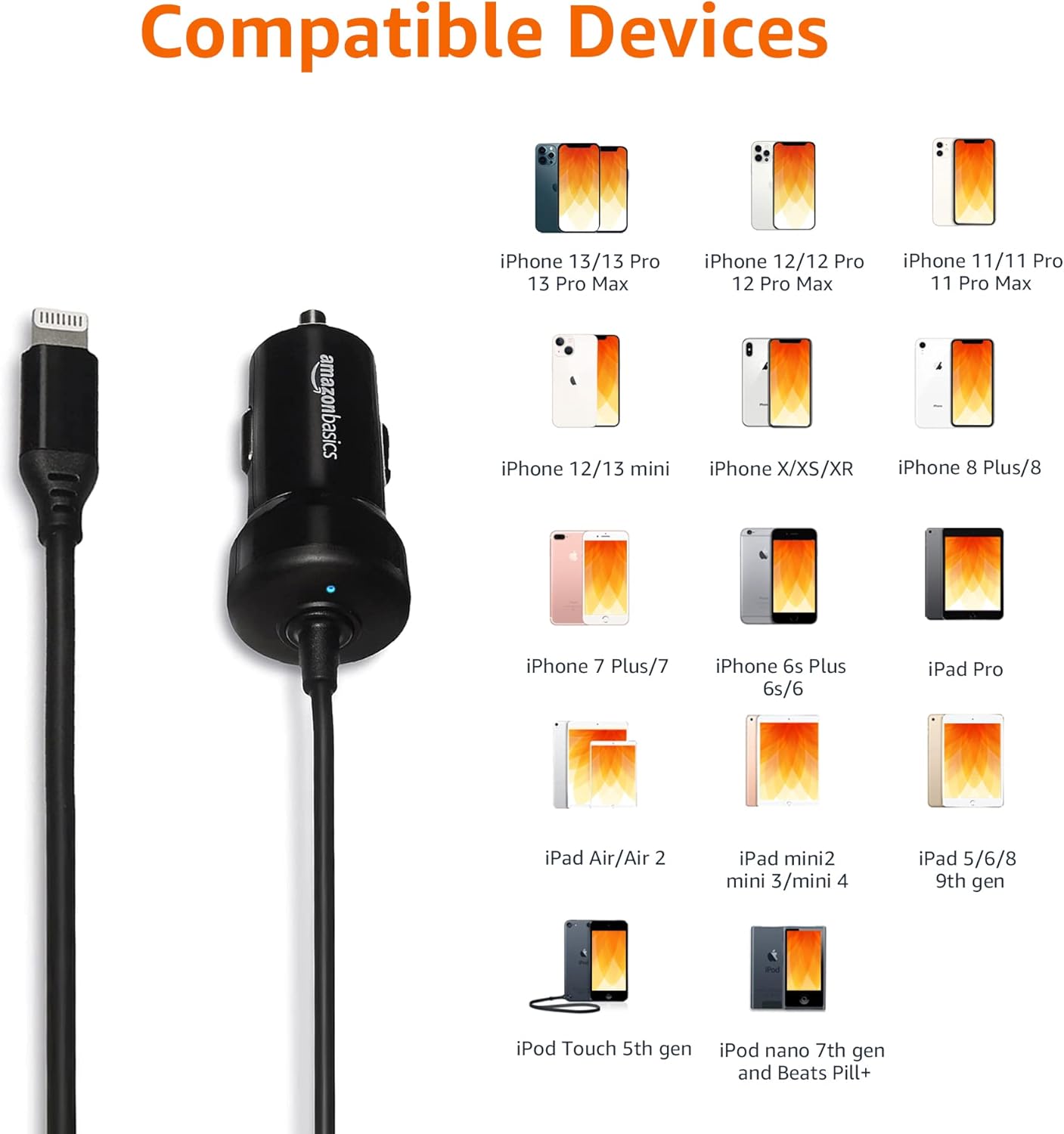 Amazon Basics 12W (5V, 2.4A) Fast Charging Car Charger with Coiled Lightning Cable for iPhone, iPad and Apple Devices, 1.5 ft - Black