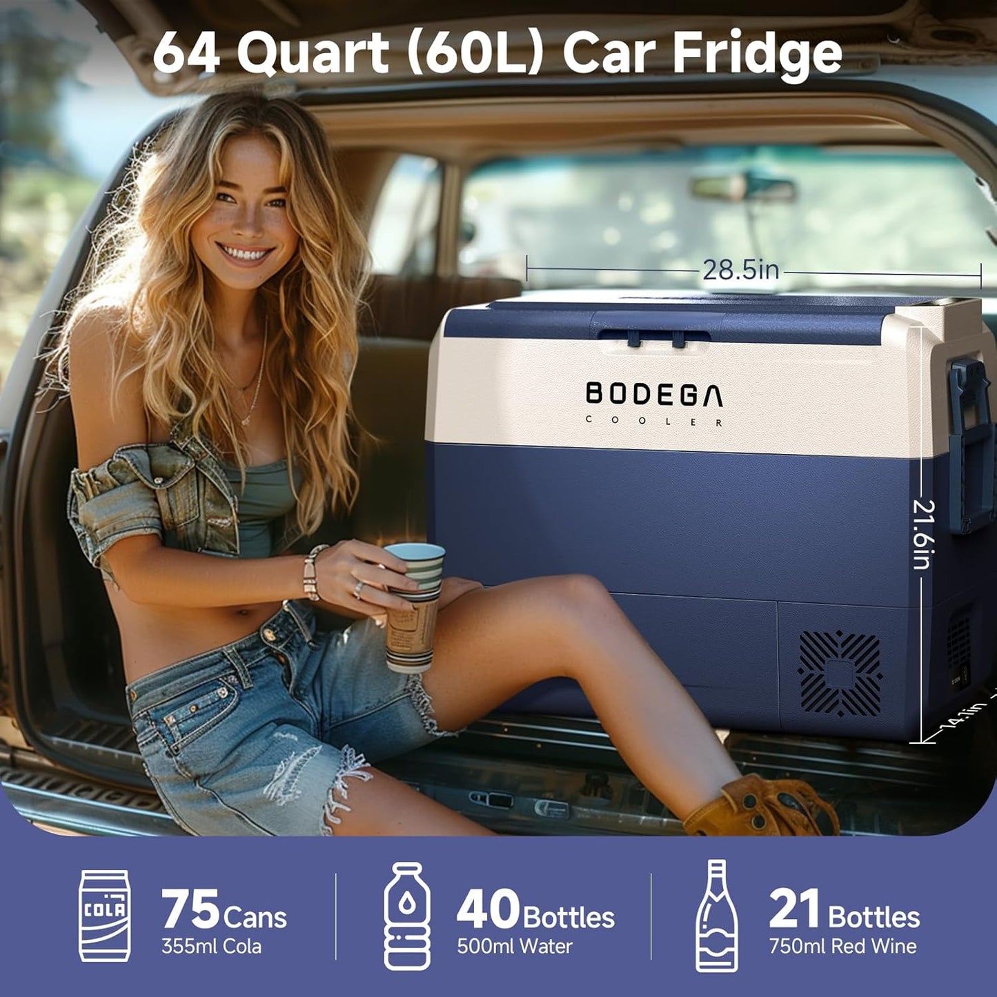 BODEGACOOLER 12 Volt Car Refrigerator, 64Quart (60L) Car Fridge Single Zone, 12V Portable Freezer APP Control, RV Car Cooler -4℉-68℉ 12/24V DC 100-240V AC for Outdoor Camping Travel Vehicles Home Use