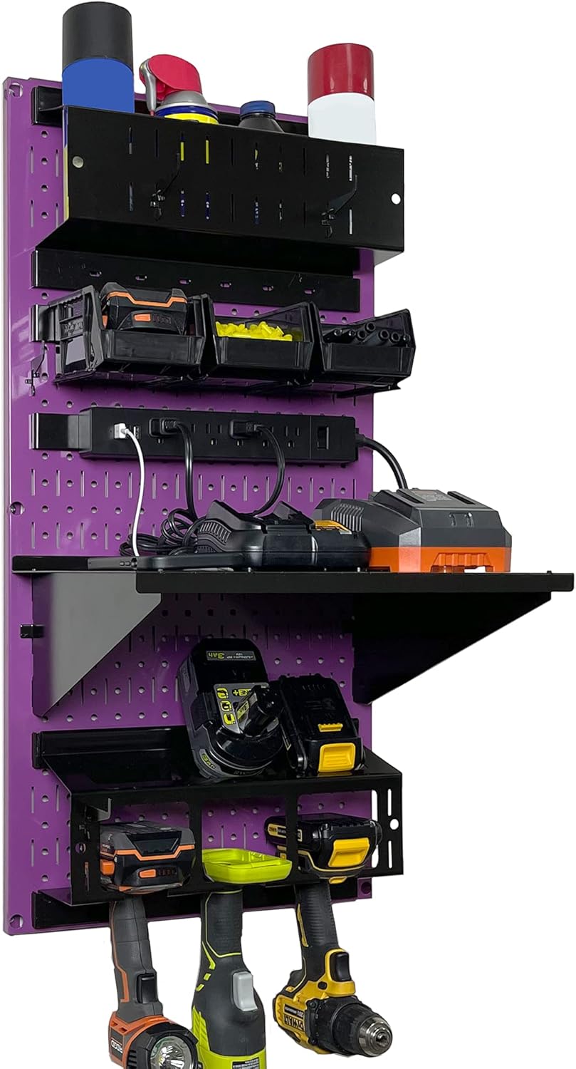 Wall Control Power Tool Storage Organizer Kit Cordless Drill Holder Charging Station Rack 16” x 32” Metal Pegboard Organization System (Purple Pegboard)