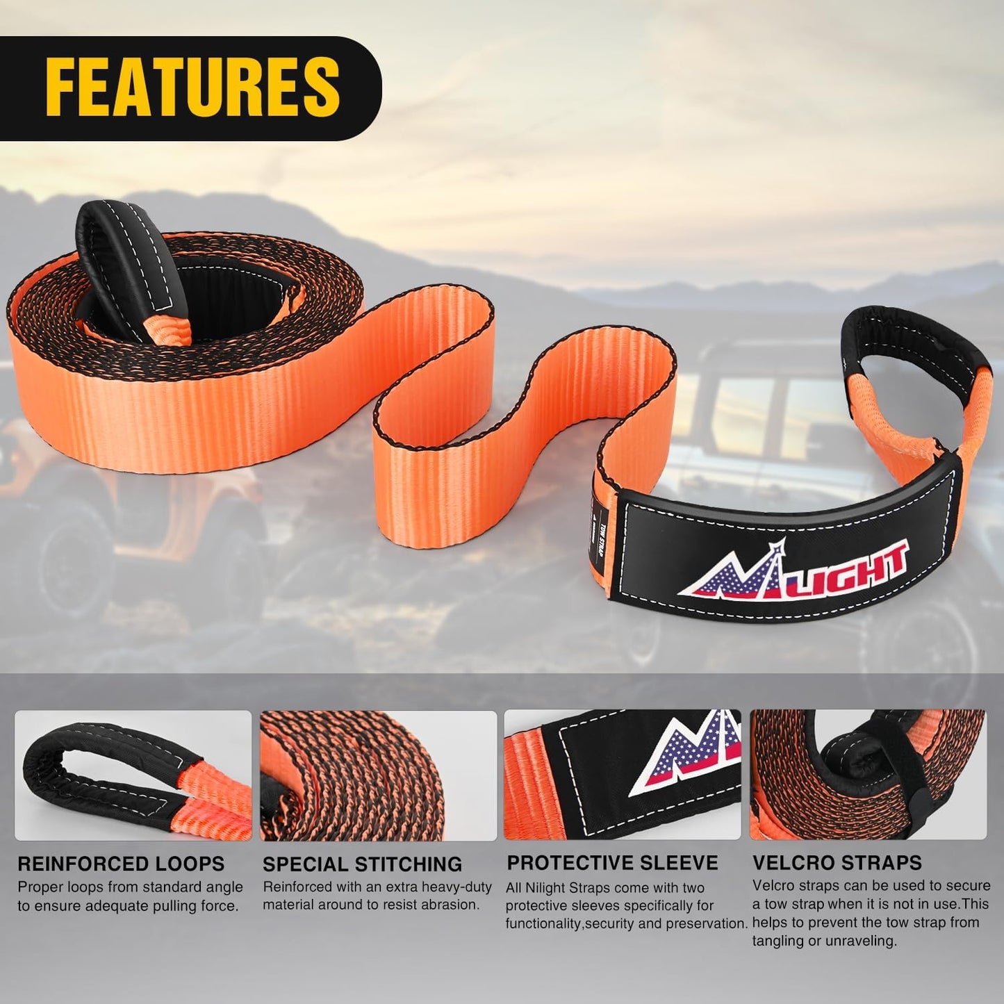 Nilight 3" x 30' Recovery Tow Strap Lab Tested 31,500lbs Break Strength Heavy Duty Off Road Straps with Triple Reinforced Loop Emergency Towing Rope of Mind for SUV, UTV, ATV, Truck, 2 Years Warranty