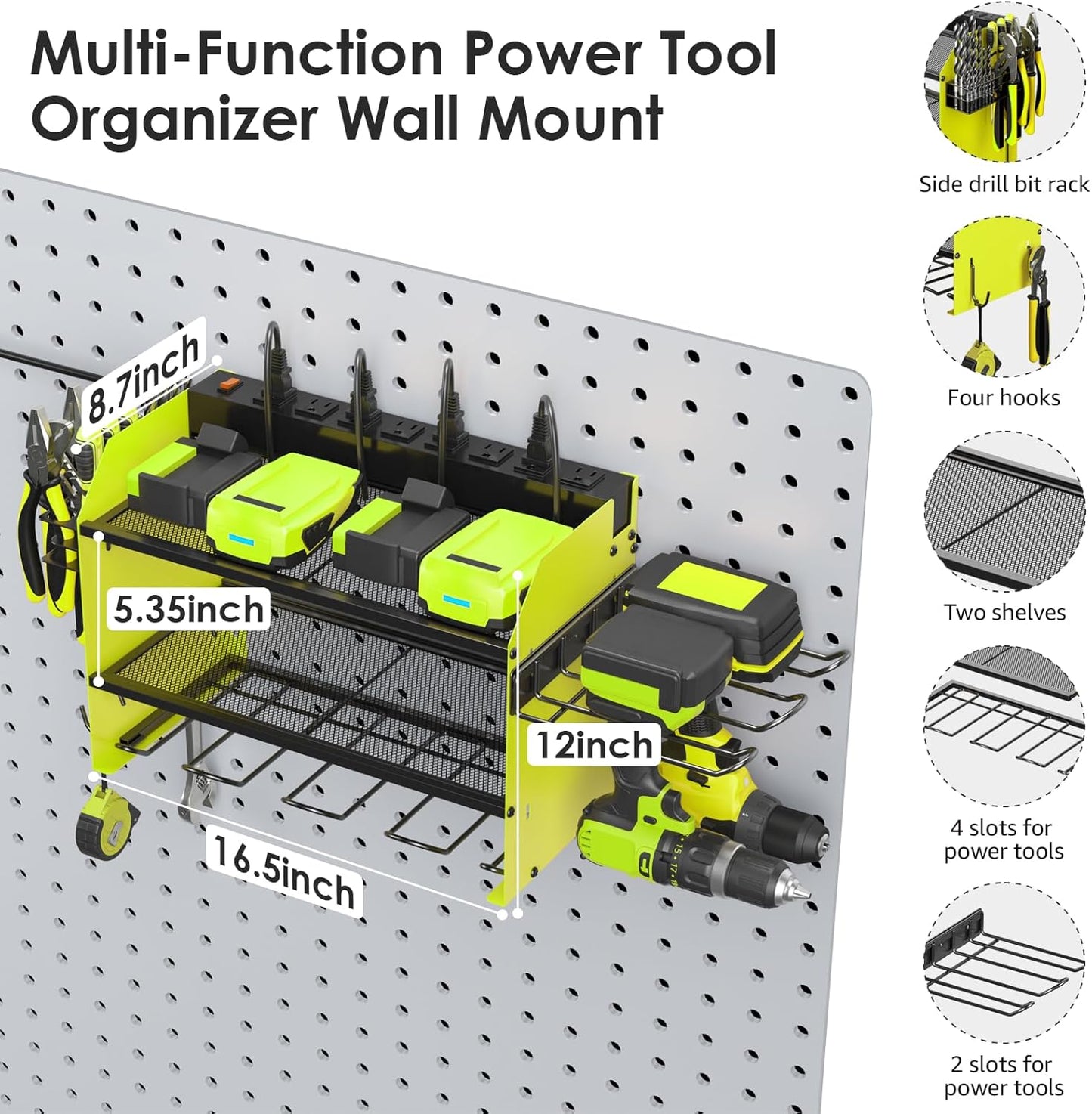 CCCEI Modular Power Tool Organizer Wall Mount Charging Station, Green 6 Drills Holder with 8 Plug Power Strip 10FT, Garage Drill Battery Heavy Duty Metal Shelf, Utility Rack with Hooks, Side Storage.
