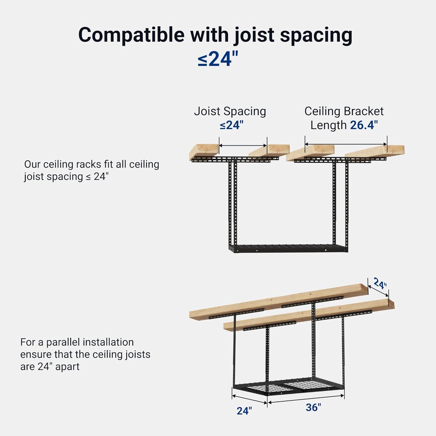 FLEXIMOUNTS 2x3 Overhead Garage Storage Rack, Adjustable Organization System, Heavy-Duty Metal Ceiling Racks, 155lbs Weight Capacity, Black